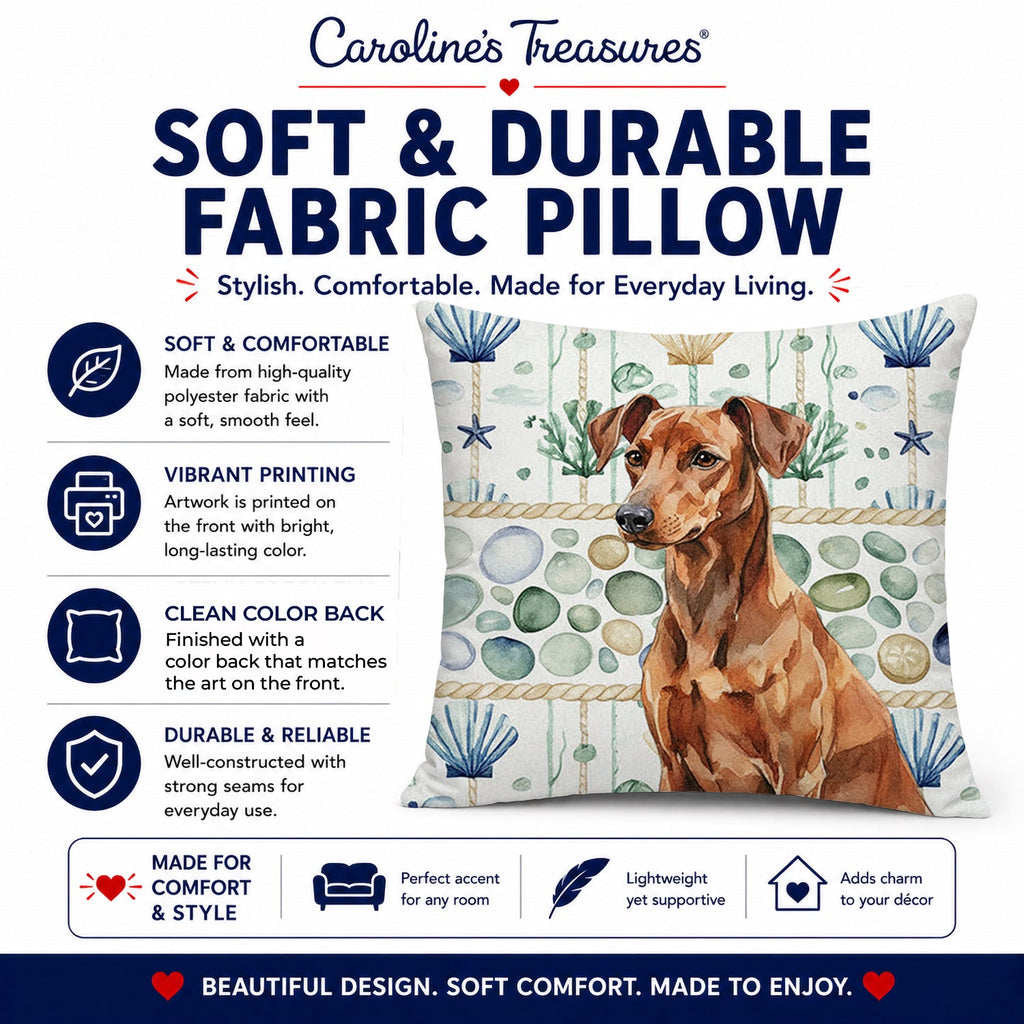 Red German Pinscher Coastal Sea Glass Decorative Throw Pillow 14x14 Indoor Outdoor Accent Cushion, Fabric Cover with Insert for Sofa, Bed, Porch & Living Room