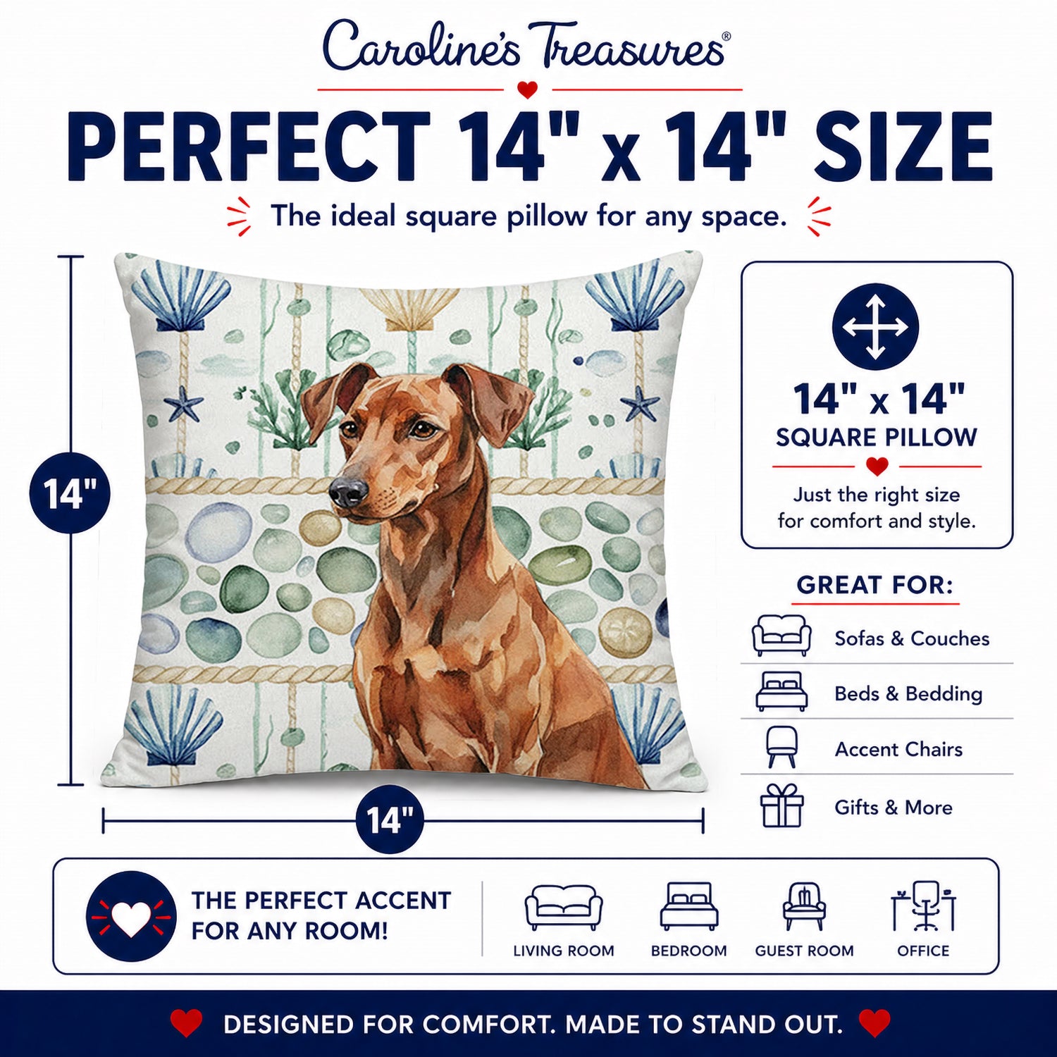 Red German Pinscher Coastal Sea Glass Decorative Throw Pillow 14x14 Indoor Outdoor Accent Cushion, Fabric Cover with Insert for Sofa, Bed, Porch & Living Room