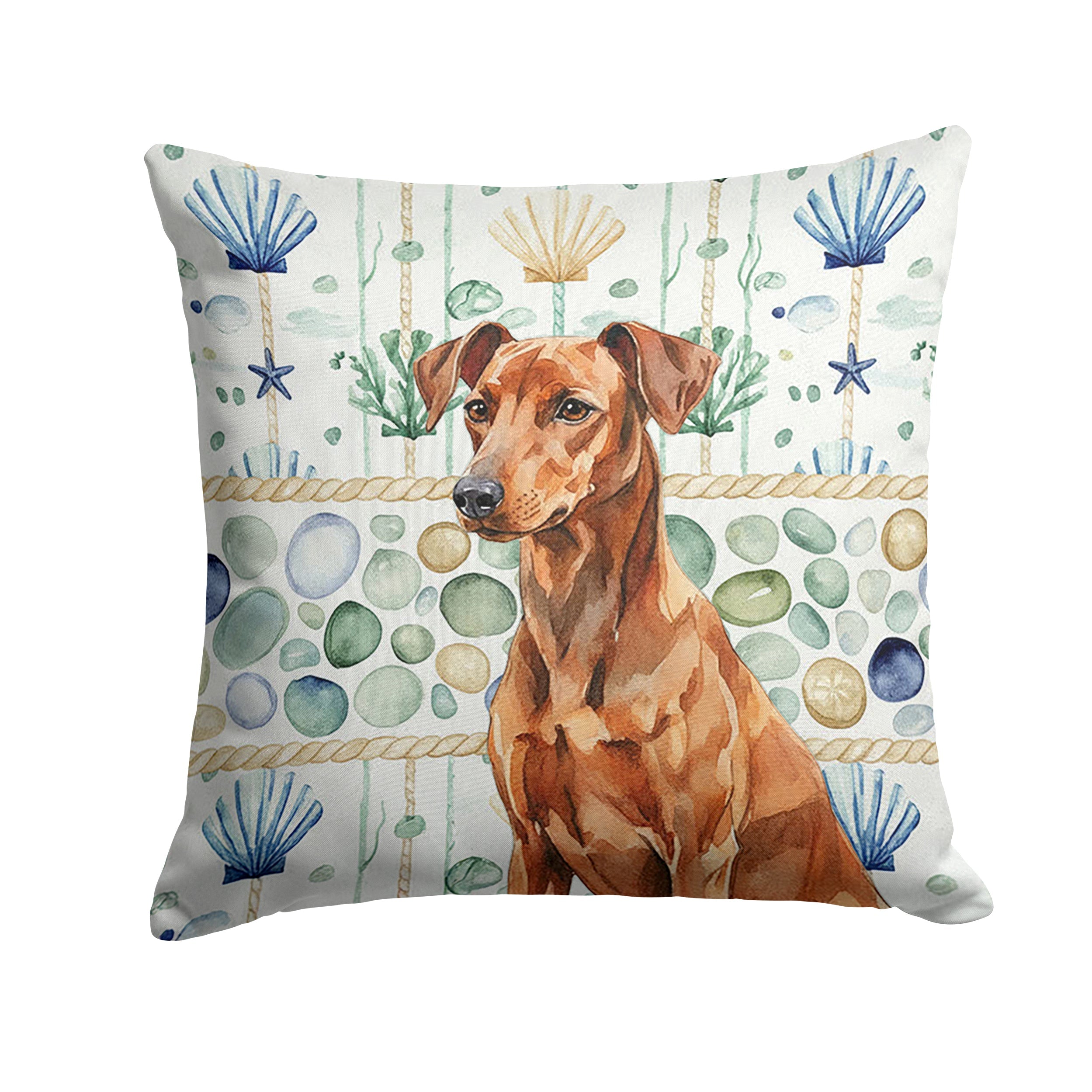 Red German Pinscher Coastal Sea Glass Decorative Throw Pillow 14x14 Indoor Outdoor Accent Cushion, Fabric Cover with Insert for Sofa, Bed, Porch & Living Room
