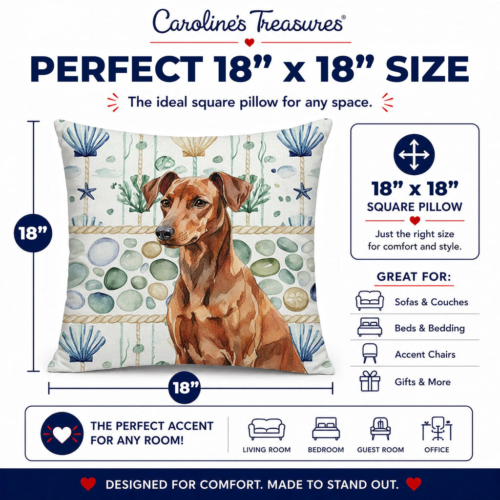 Red German Pinscher Coastal Sea Glass Decorative Throw Pillow 18x18 Indoor Outdoor Accent Cushion, Fabric Cover with Insert for Sofa, Bed, Porch & Living Room