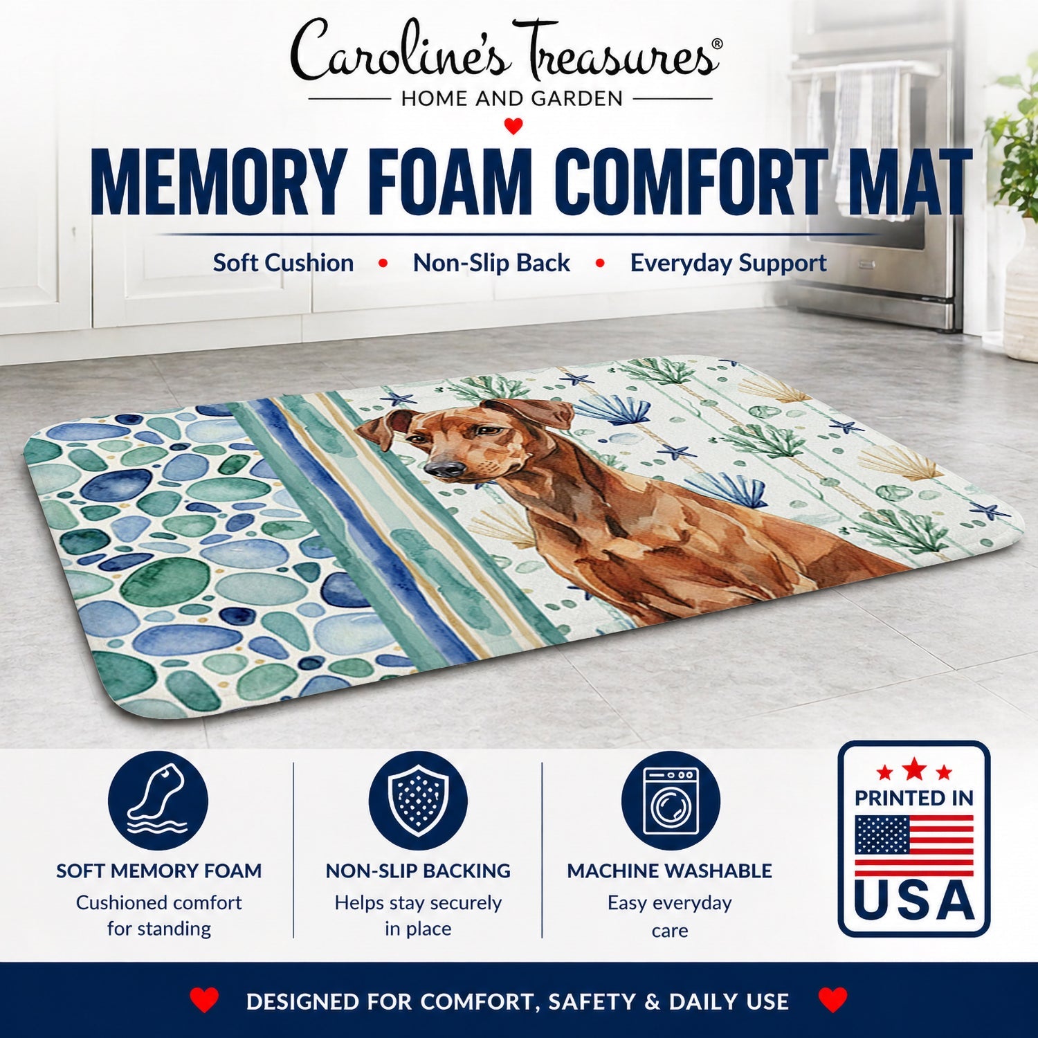 Red German Pinscher Coastal Sea Glass Memory Foam Kitchen Mat Machine Washable Anti-Fatigue Cushion Comfort Bath or Kitchen Rug