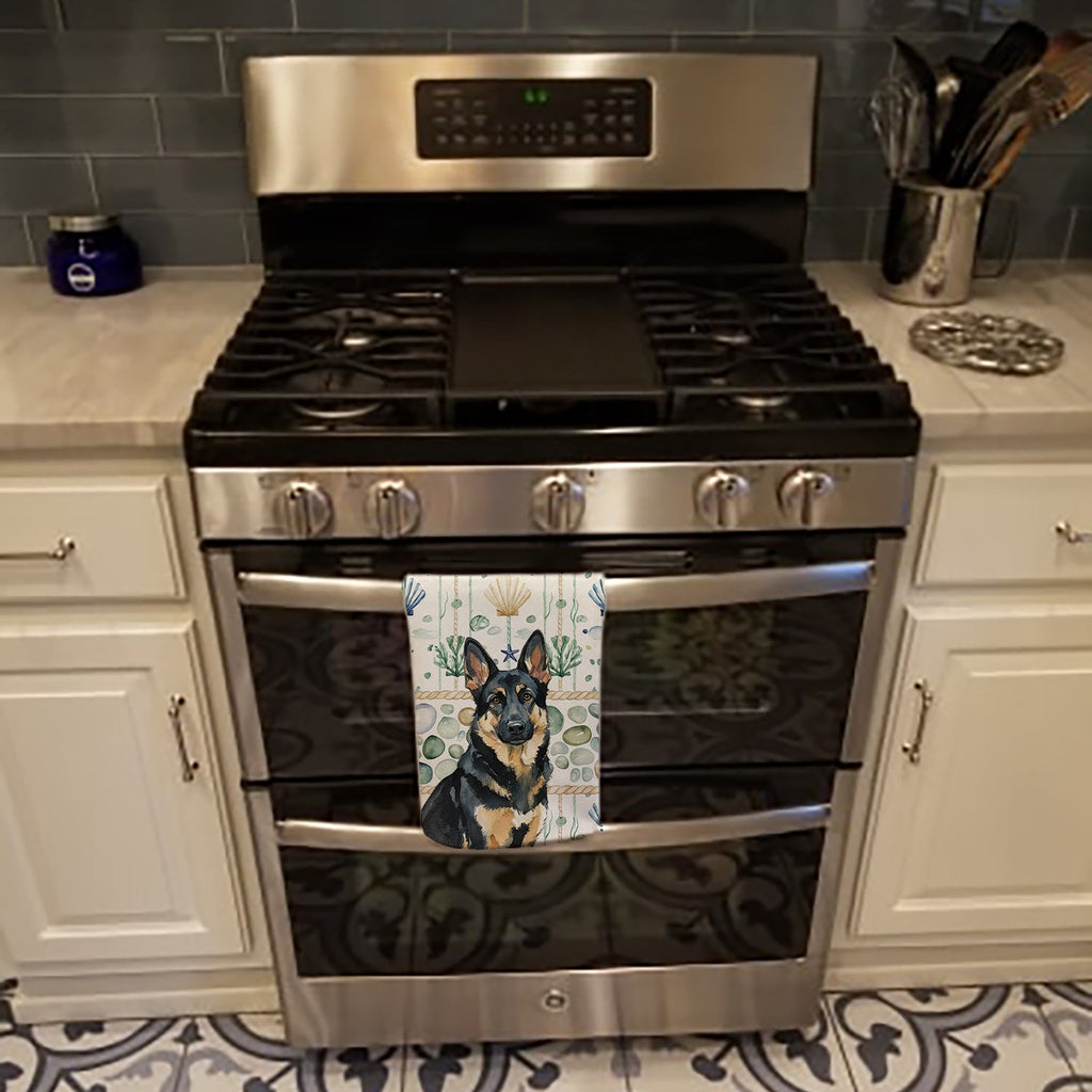 Black and Tan German Shepherd Coastal Sea Glass Kitchen Towel Velour Plush Front and Cotton Loop Back Machine Washable