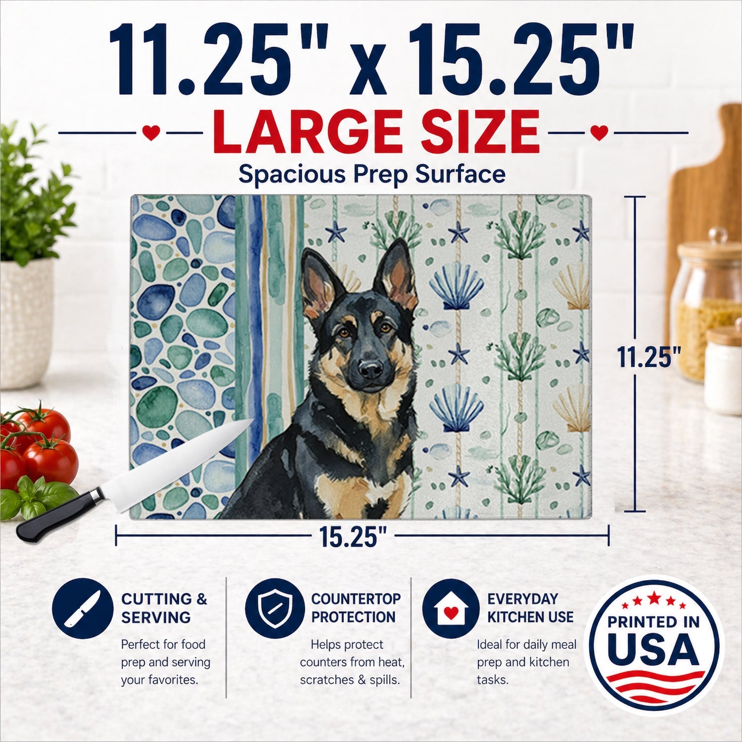 Black and Tan German Shepherd Coastal Sea Glass Cutting Board Tempered Glass Kitchen Cutting Surface, Heat Resistant Chopping, Non-Slip Feet, Food Prep & Serving