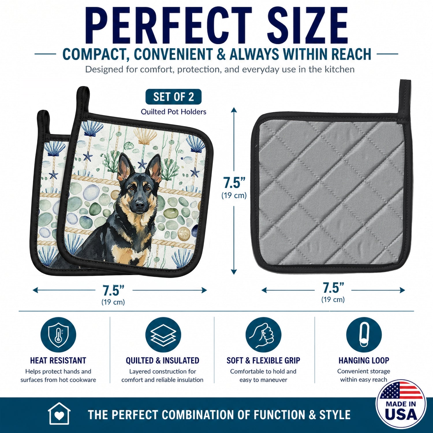 Black and Tan German Shepherd Coastal Sea Glass Pot Holder Set of 2 Heat Resistant Quilted Hot Pads 7.5 x 7.5 Inch, Insulated Kitchen Trivets for Cooking & Baking