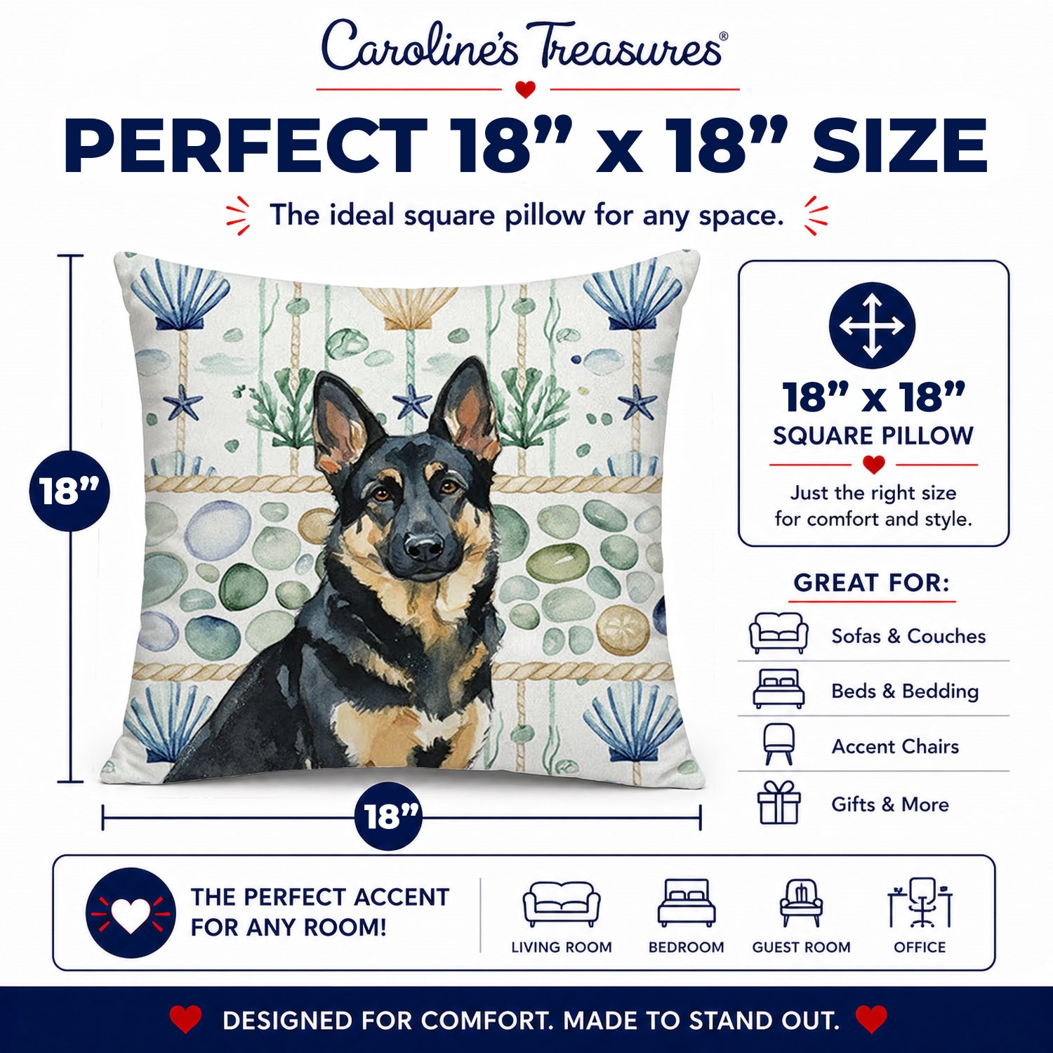 Black and Tan German Shepherd Coastal Sea Glass Decorative Throw Pillow 18x18 Indoor Outdoor Accent Cushion, Fabric Cover with Insert for Sofa, Bed, Porch & Living Room