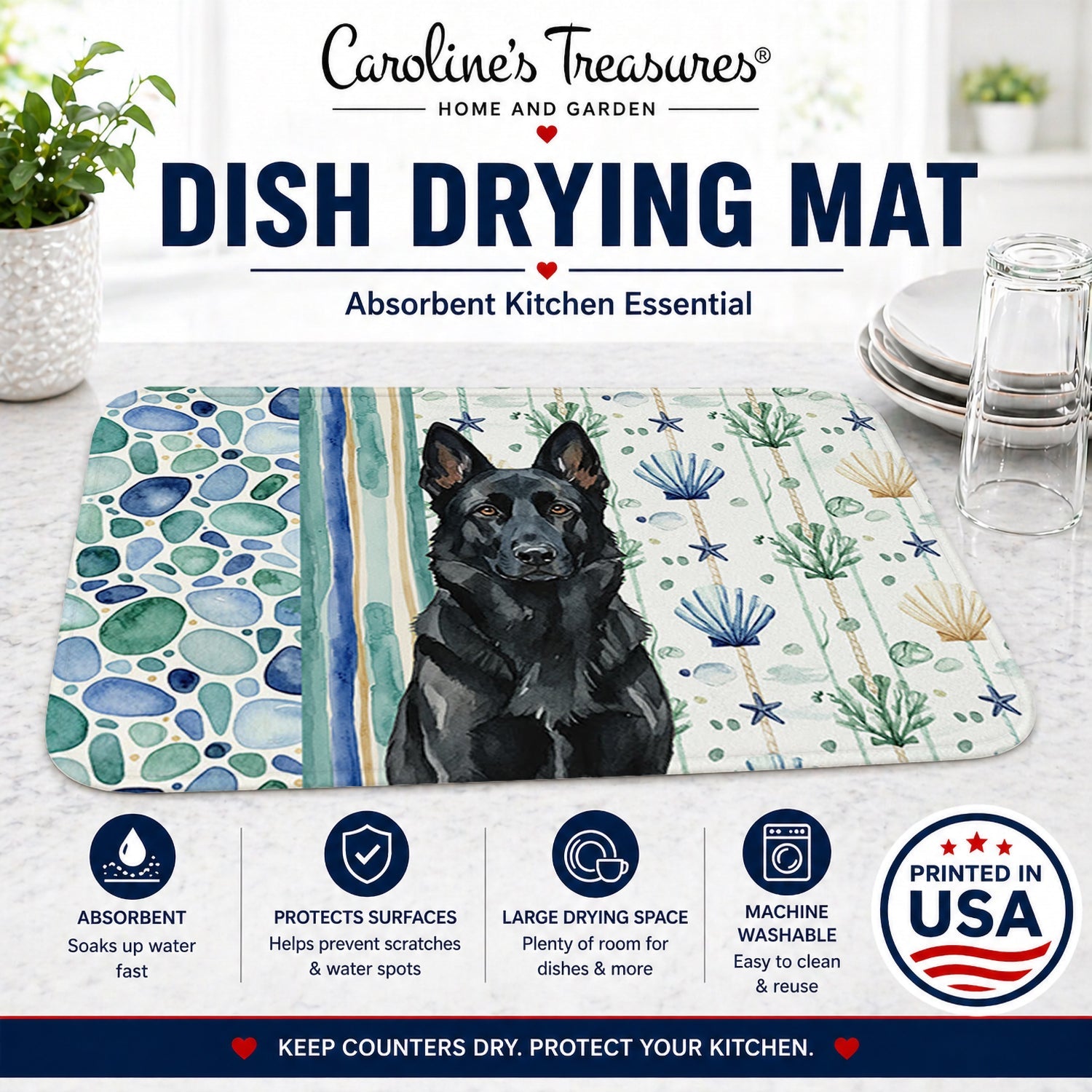 Black German Shepherd Coastal Sea Glass Dish Drying Mat Absorbent Dish Drying Mat Pad for Kitchen Counter Dish Drainer Mat for Countertop, 14 x 21", Multicolor
