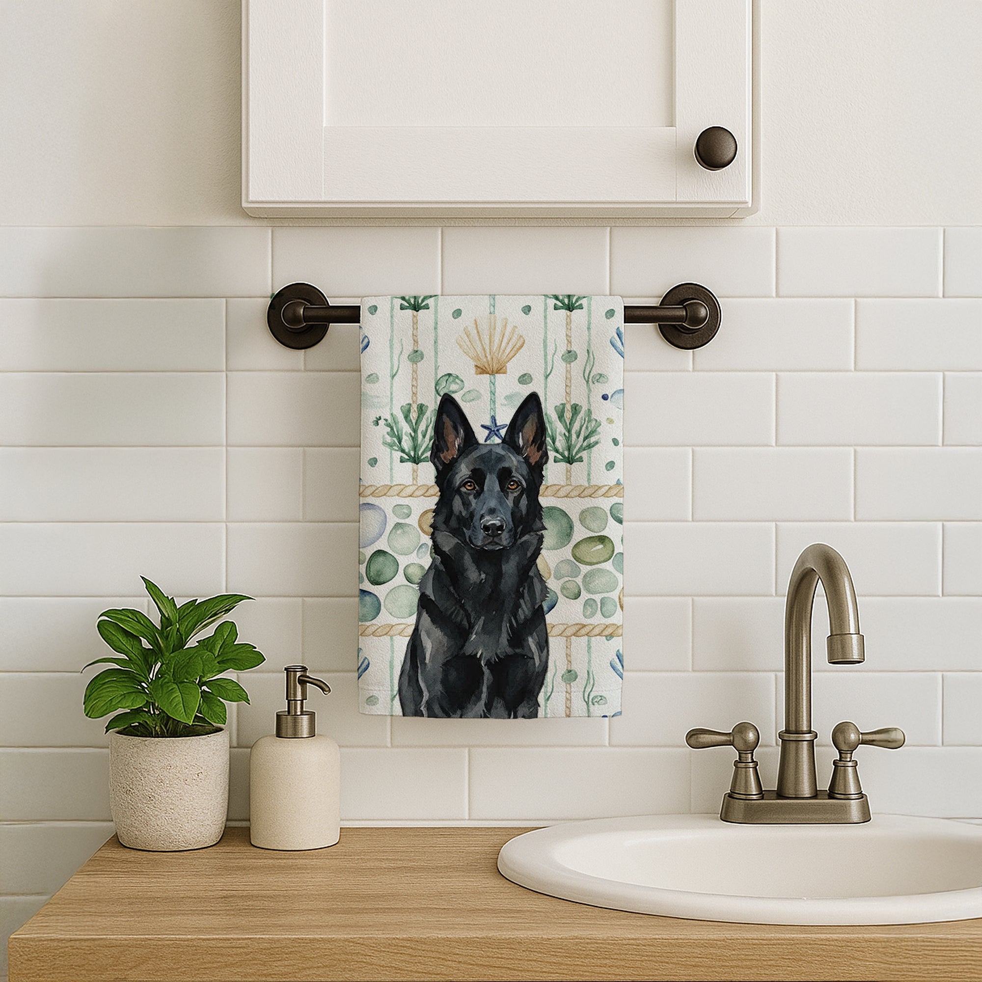 Black German Shepherd Coastal Sea Glass Kitchen Towel Velour Plush Front and Cotton Loop Back Machine Washable