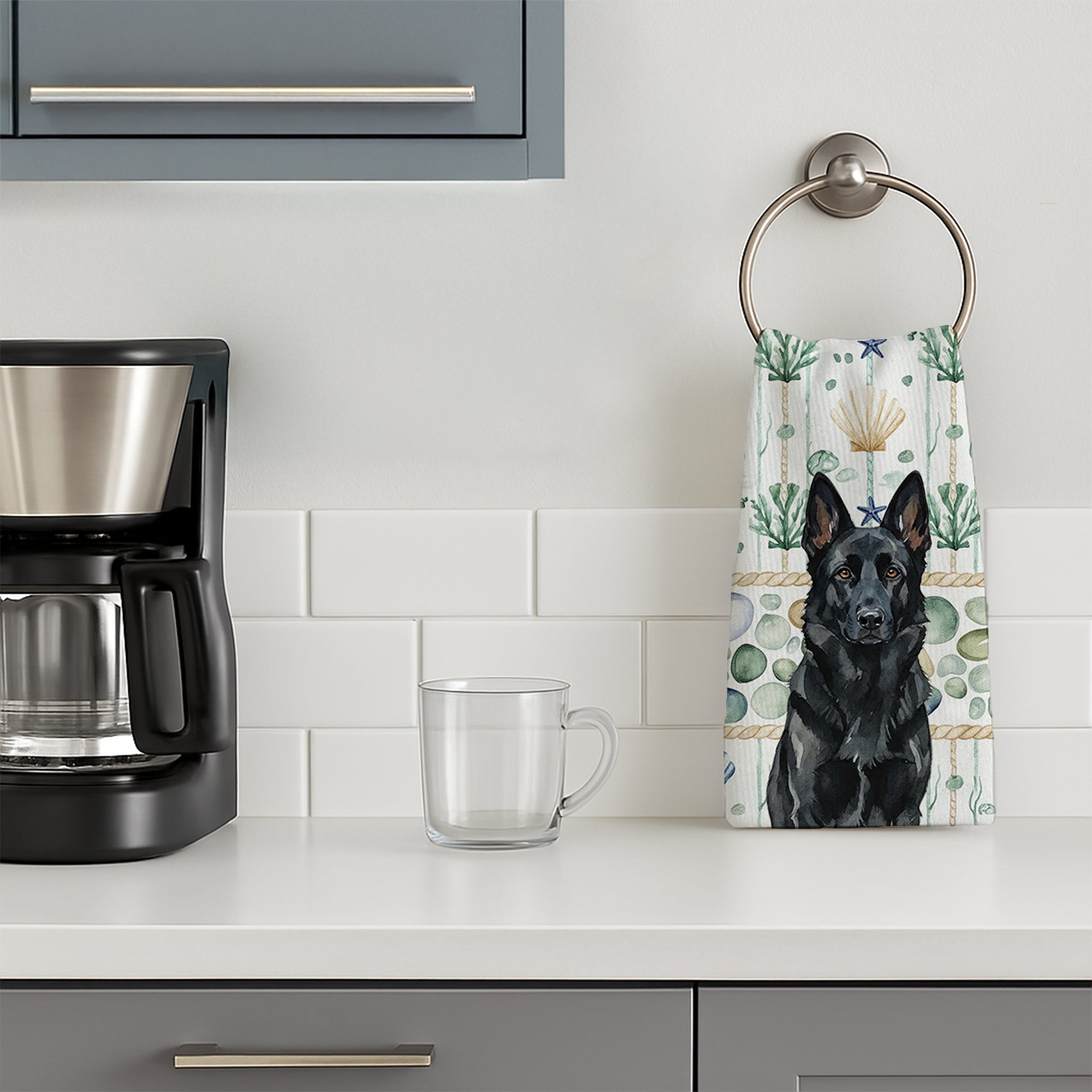 Black German Shepherd Coastal Sea Glass Kitchen Towel Velour Plush Front and Cotton Loop Back Machine Washable