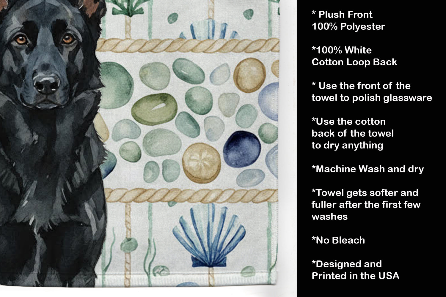 Black German Shepherd Coastal Sea Glass Kitchen Towel Velour Plush Front and Cotton Loop Back Machine Washable