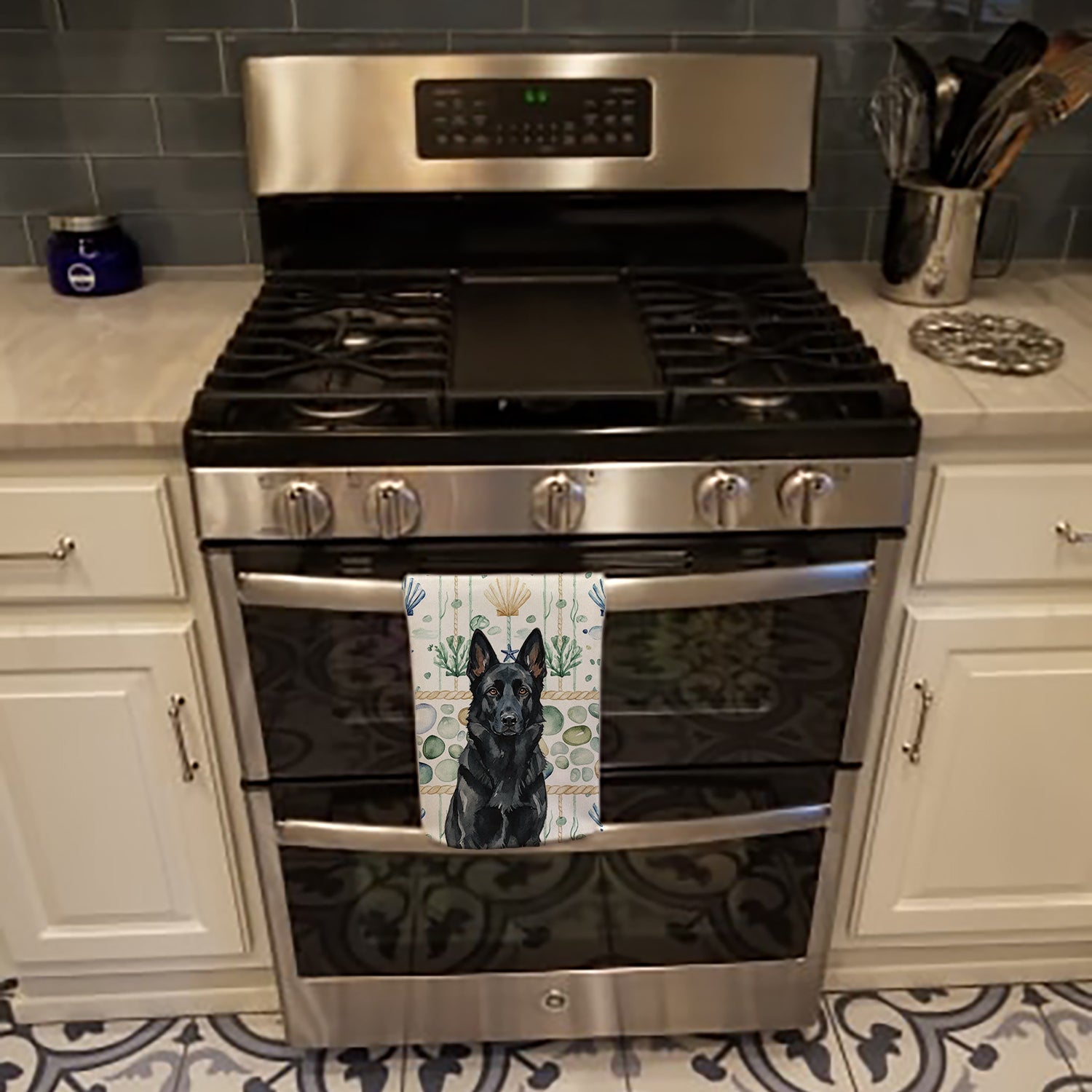 Black German Shepherd Coastal Sea Glass Kitchen Towel Velour Plush Front and Cotton Loop Back Machine Washable