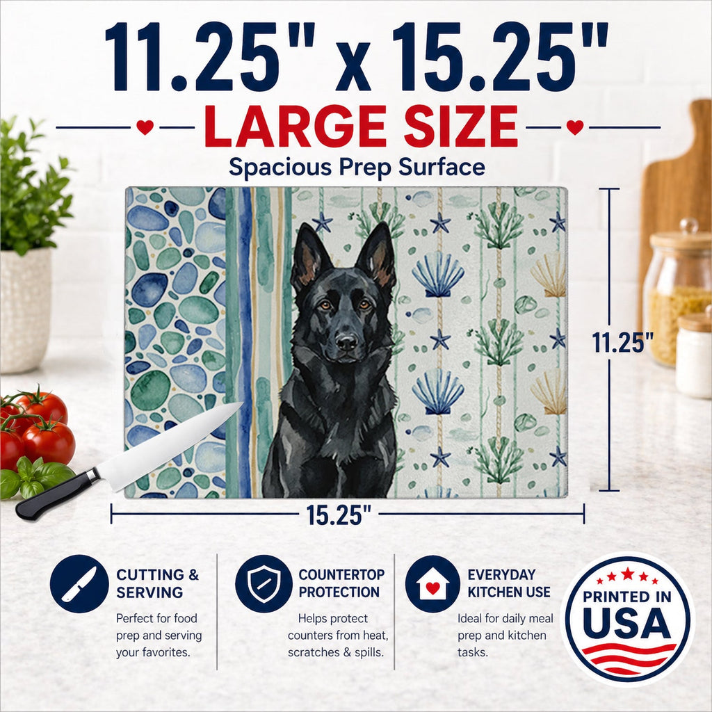 Black German Shepherd Coastal Sea Glass Cutting Board Tempered Glass Kitchen Cutting Surface, Heat Resistant Chopping, Non-Slip Feet, Food Prep & Serving