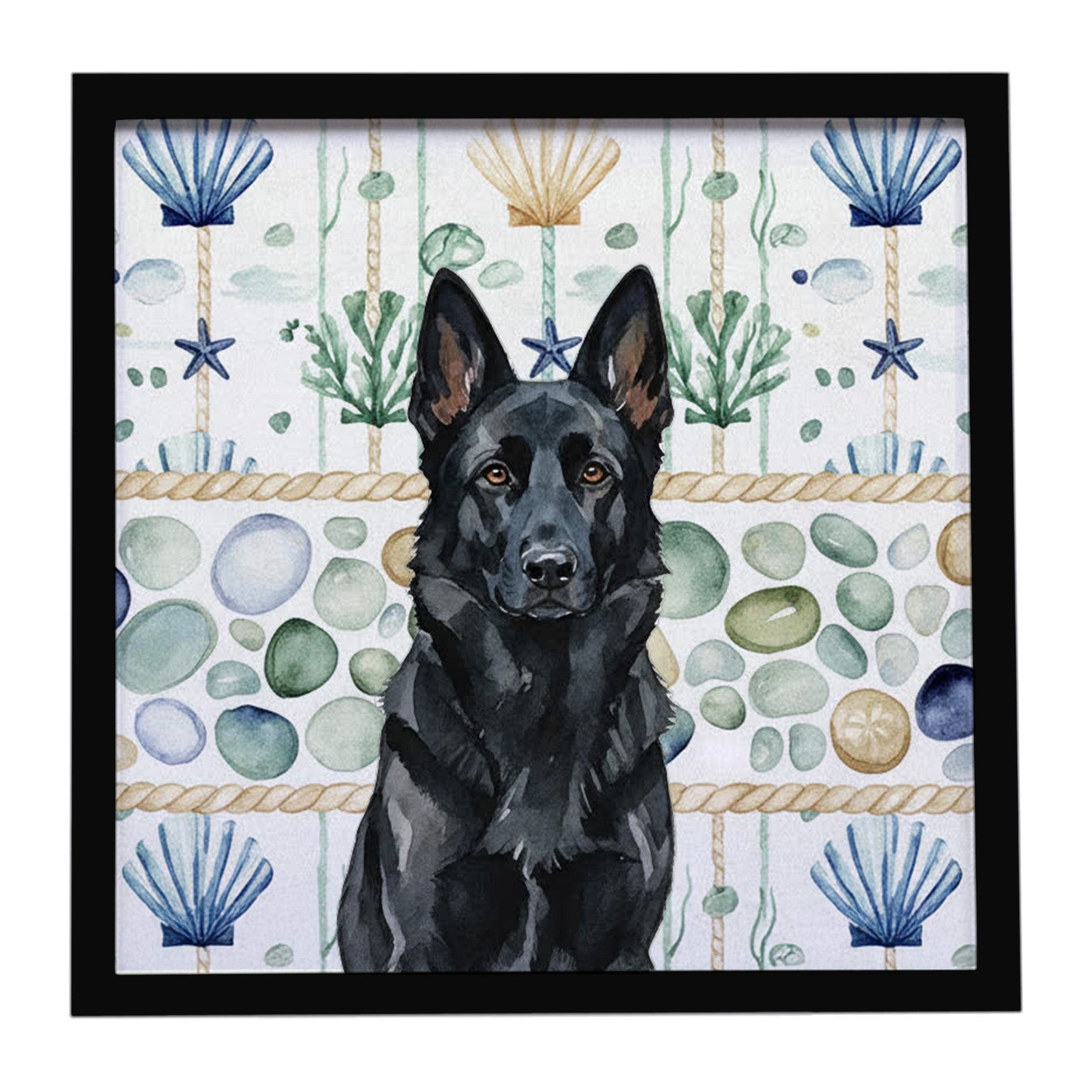 Black German Shepherd Coastal Sea Glass Framed Metal Print Bathroom, Kitchen, Office, Home Decor Wall Art Ready to Hang, Square, 8X8