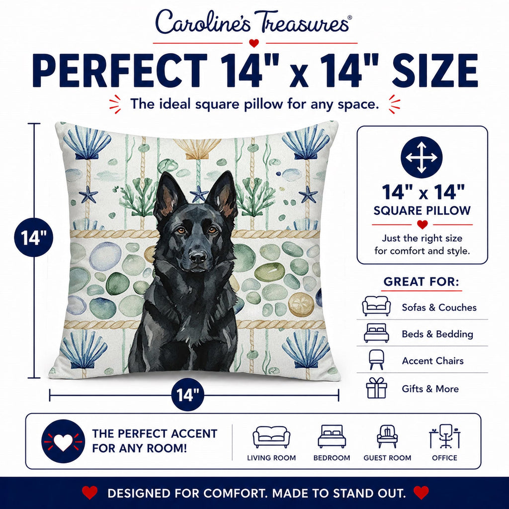 Black German Shepherd Coastal Sea Glass Decorative Throw Pillow 14x14 Indoor Outdoor Accent Cushion, Fabric Cover with Insert for Sofa, Bed, Porch & Living Room