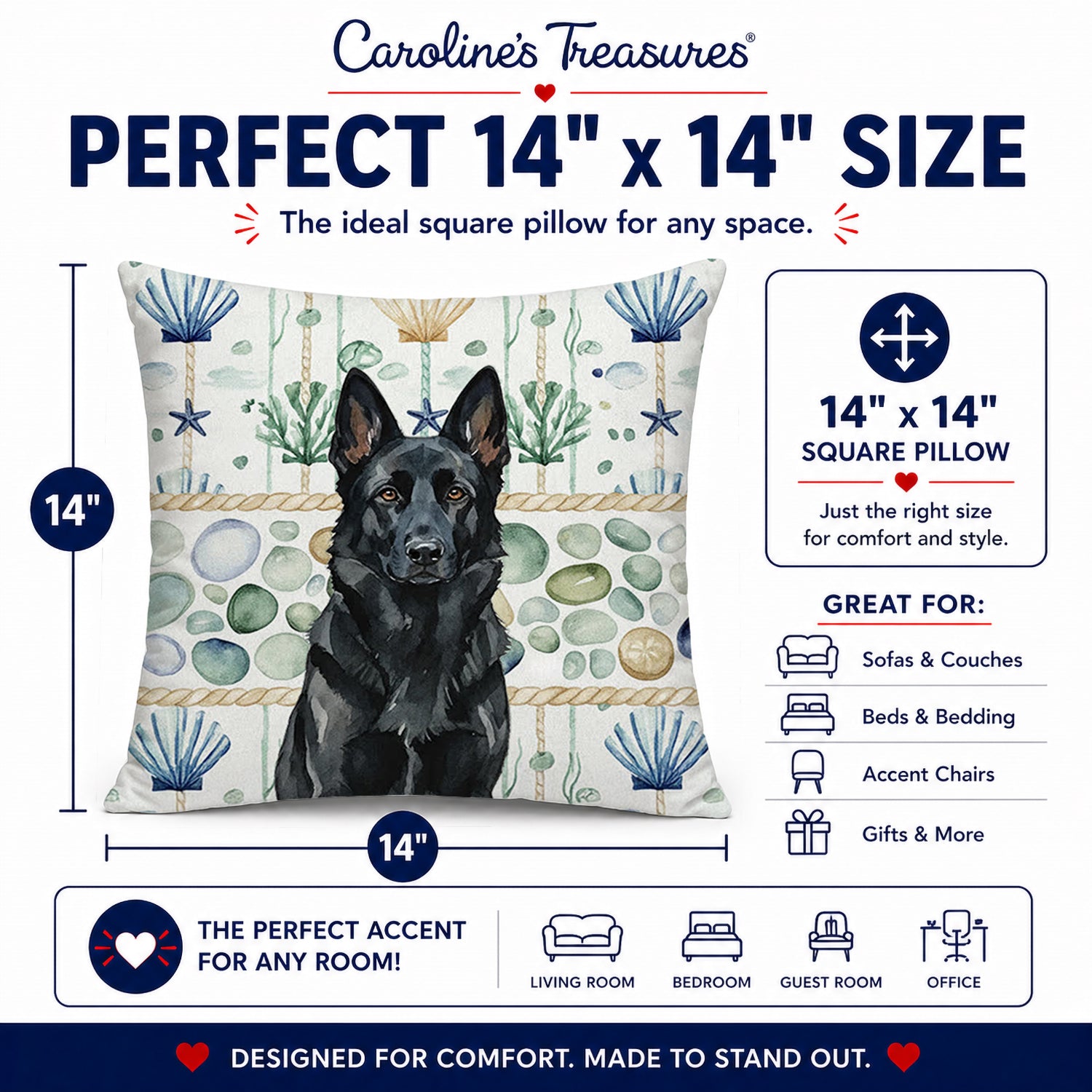Black German Shepherd Coastal Sea Glass Decorative Throw Pillow 14x14 Indoor Outdoor Accent Cushion, Fabric Cover with Insert for Sofa, Bed, Porch & Living Room