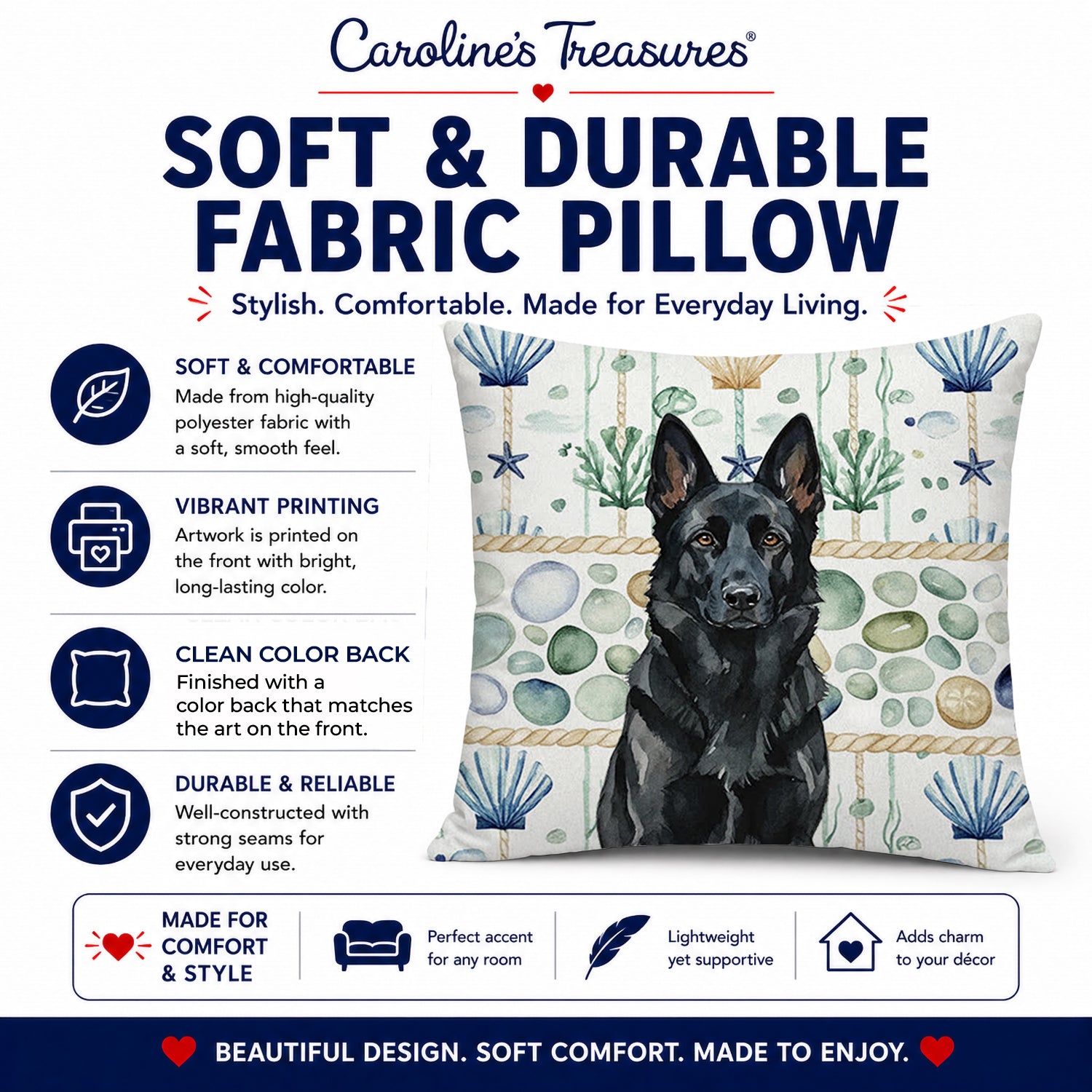 Black German Shepherd Coastal Sea Glass Decorative Throw Pillow 18x18 Indoor Outdoor Accent Cushion, Fabric Cover with Insert for Sofa, Bed, Porch & Living Room