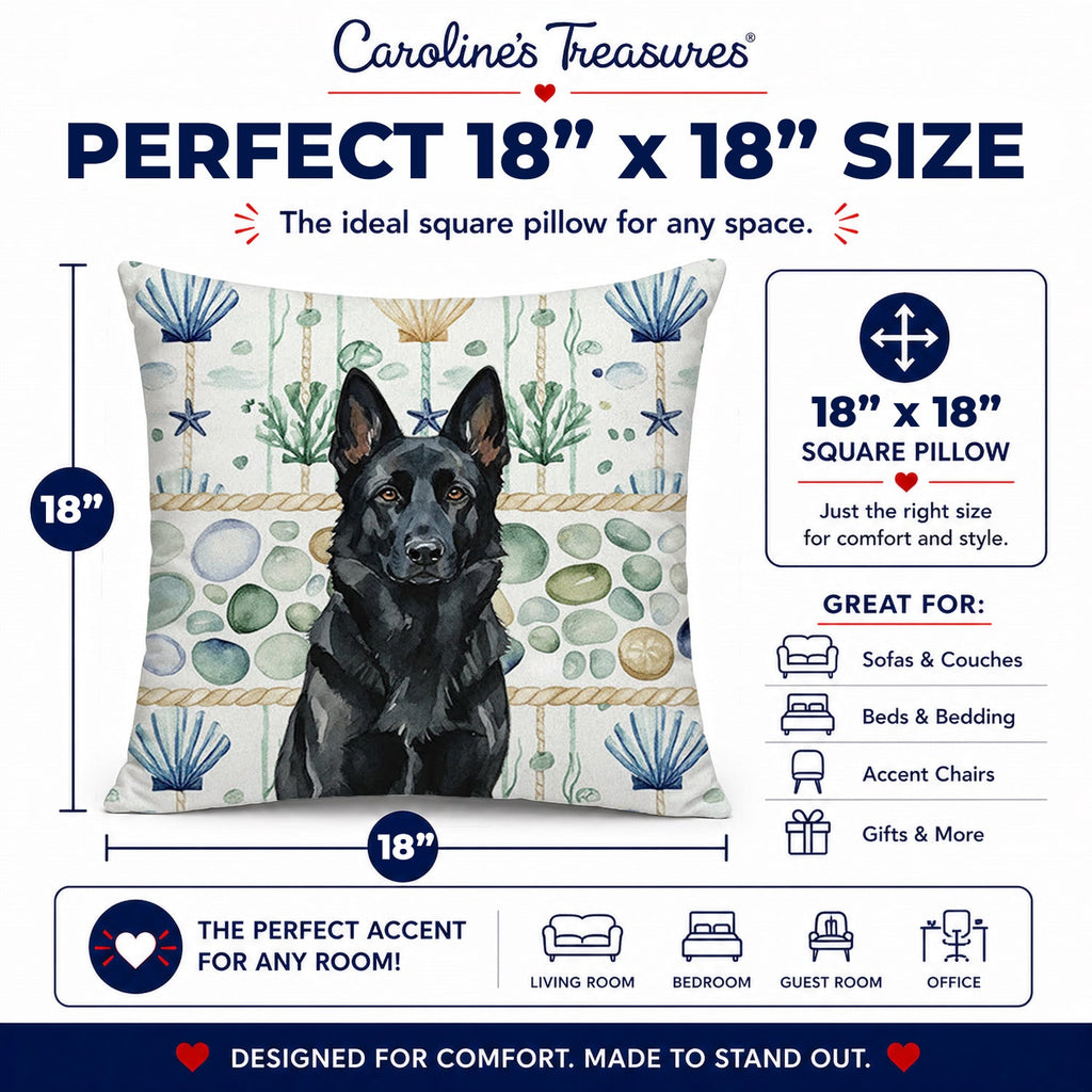 Black German Shepherd Coastal Sea Glass Decorative Throw Pillow 18x18 Indoor Outdoor Accent Cushion, Fabric Cover with Insert for Sofa, Bed, Porch & Living Room