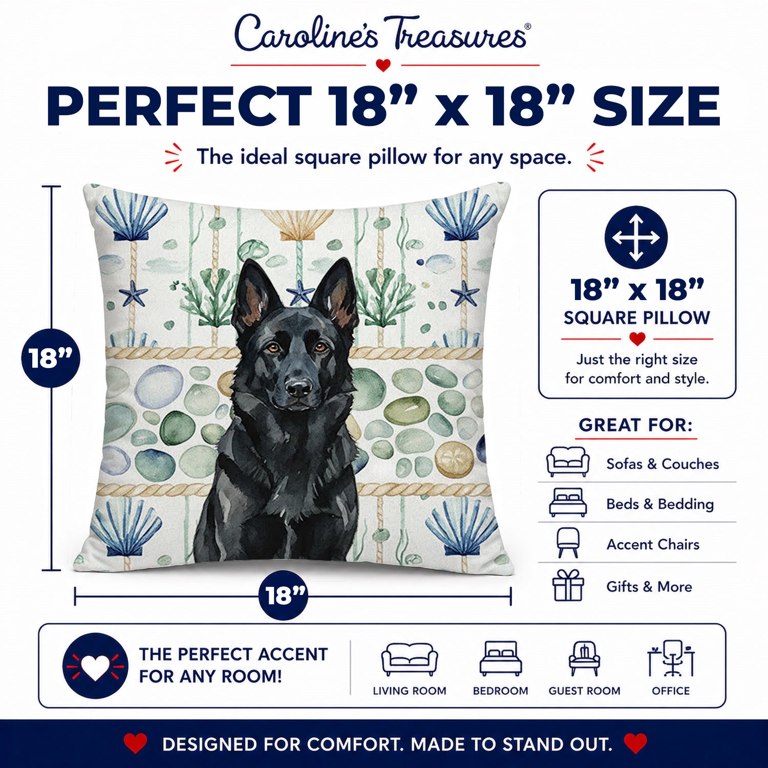 Black German Shepherd Coastal Sea Glass Decorative Throw Pillow 18x18 Indoor Outdoor Accent Cushion, Fabric Cover with Insert for Sofa, Bed, Porch & Living Room