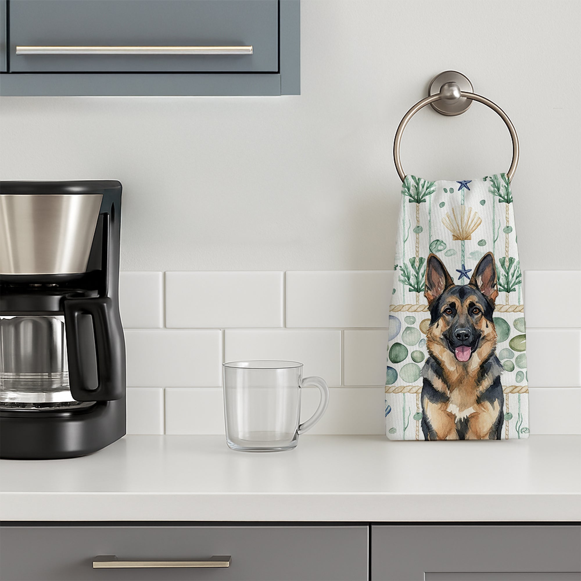 German Shepherd Coastal Sea Glass Kitchen Towel Velour Plush Front and Cotton Loop Back Machine Washable