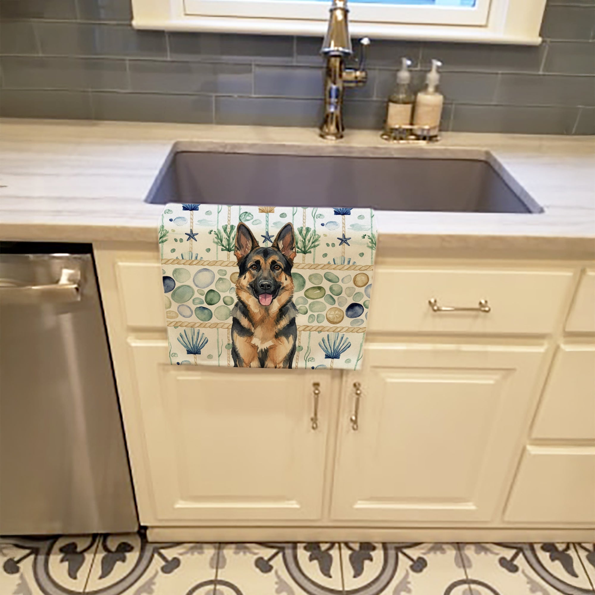 German Shepherd Coastal Sea Glass Kitchen Towel Velour Plush Front and Cotton Loop Back Machine Washable