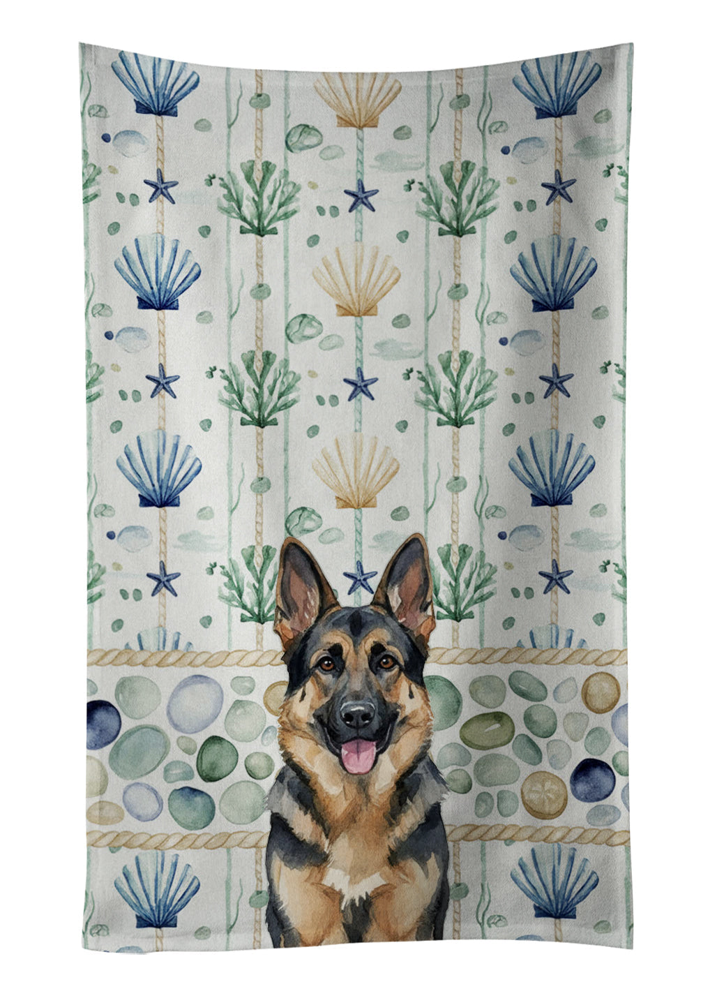 German Shepherd Coastal Sea Glass Kitchen Towel Velour Plush Front and Cotton Loop Back Machine Washable