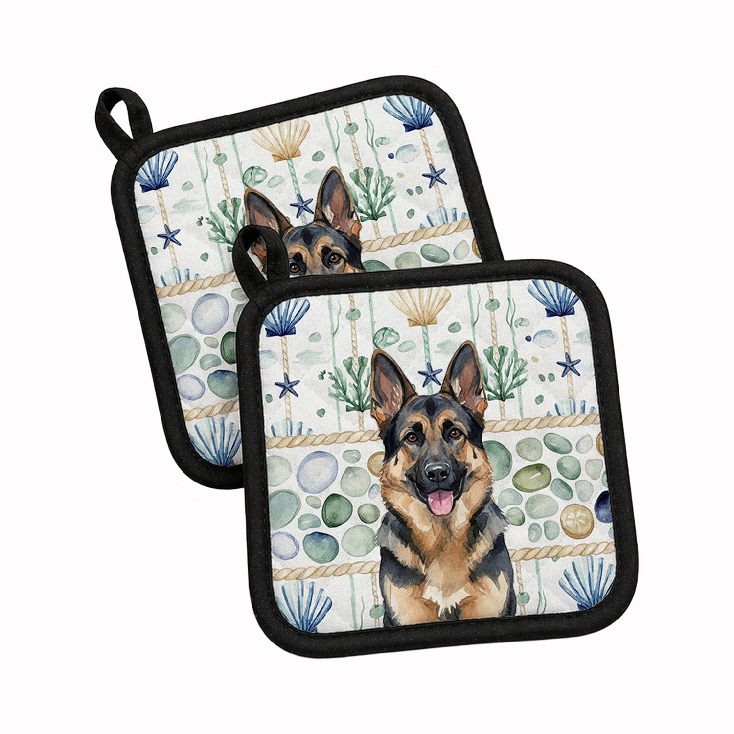 German Shepherd Coastal Sea Glass Pot Holder Set of 2 Heat Resistant Quilted Hot Pads 7.5 x 7.5 Inch, Insulated Kitchen Trivets for Cooking & Baking
