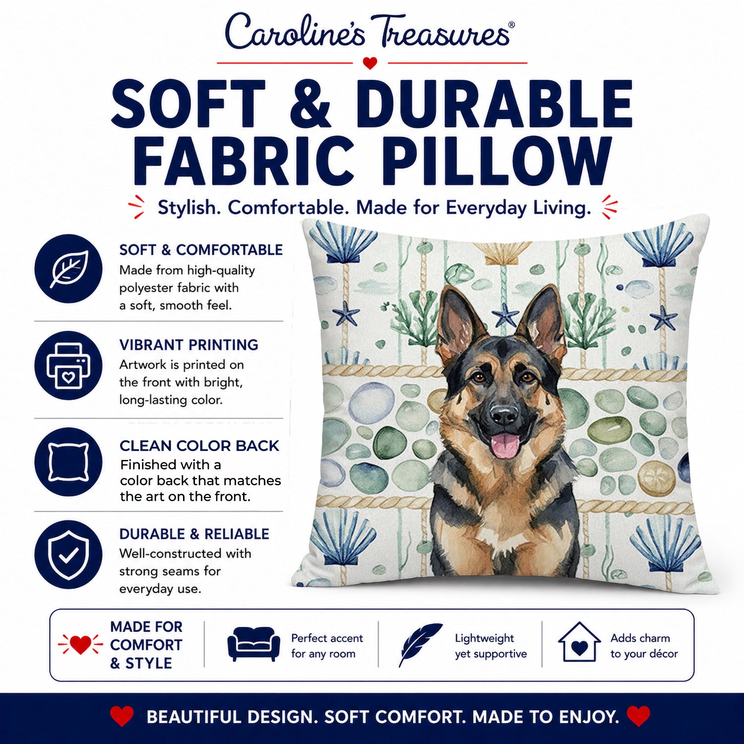 German Shepherd Coastal Sea Glass Decorative Throw Pillow 14x14 Indoor Outdoor Accent Cushion, Fabric Cover with Insert for Sofa, Bed, Porch & Living Room