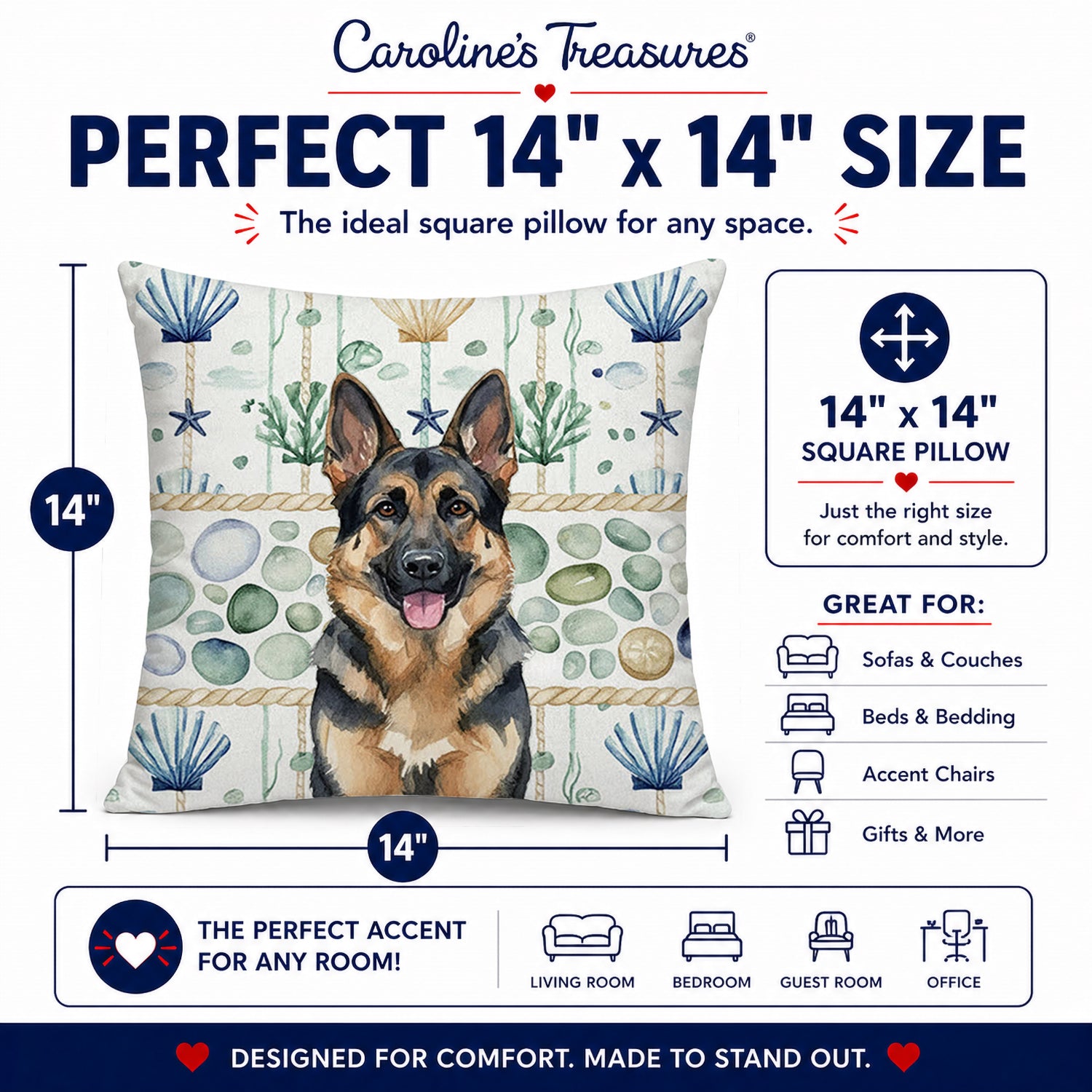 German Shepherd Coastal Sea Glass Decorative Throw Pillow 14x14 Indoor Outdoor Accent Cushion, Fabric Cover with Insert for Sofa, Bed, Porch & Living Room