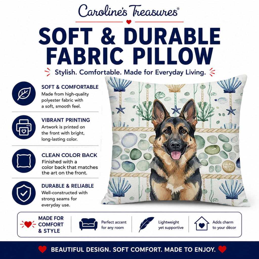 German Shepherd Coastal Sea Glass Decorative Throw Pillow 18x18 Indoor Outdoor Accent Cushion, Fabric Cover with Insert for Sofa, Bed, Porch & Living Room