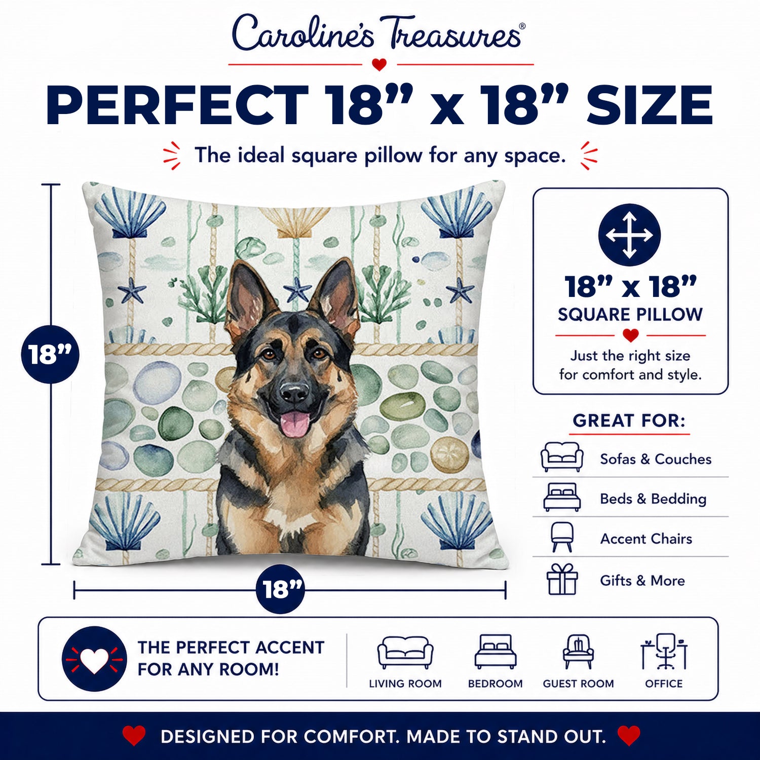German Shepherd Coastal Sea Glass Decorative Throw Pillow 18x18 Indoor Outdoor Accent Cushion, Fabric Cover with Insert for Sofa, Bed, Porch & Living Room