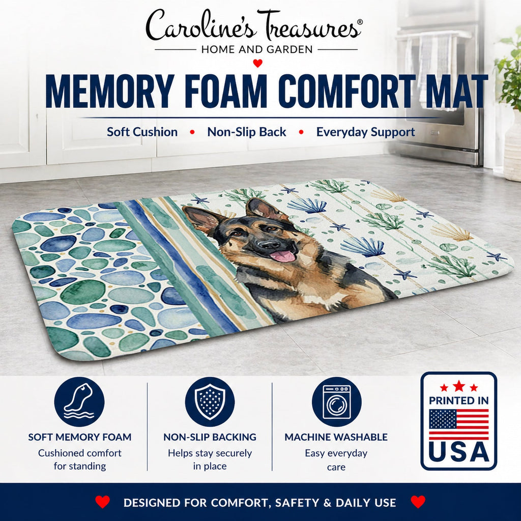 German Shepherd Coastal Sea Glass Memory Foam Kitchen Mat Machine Washable Anti-Fatigue Cushion Comfort Bath or Kitchen Rug