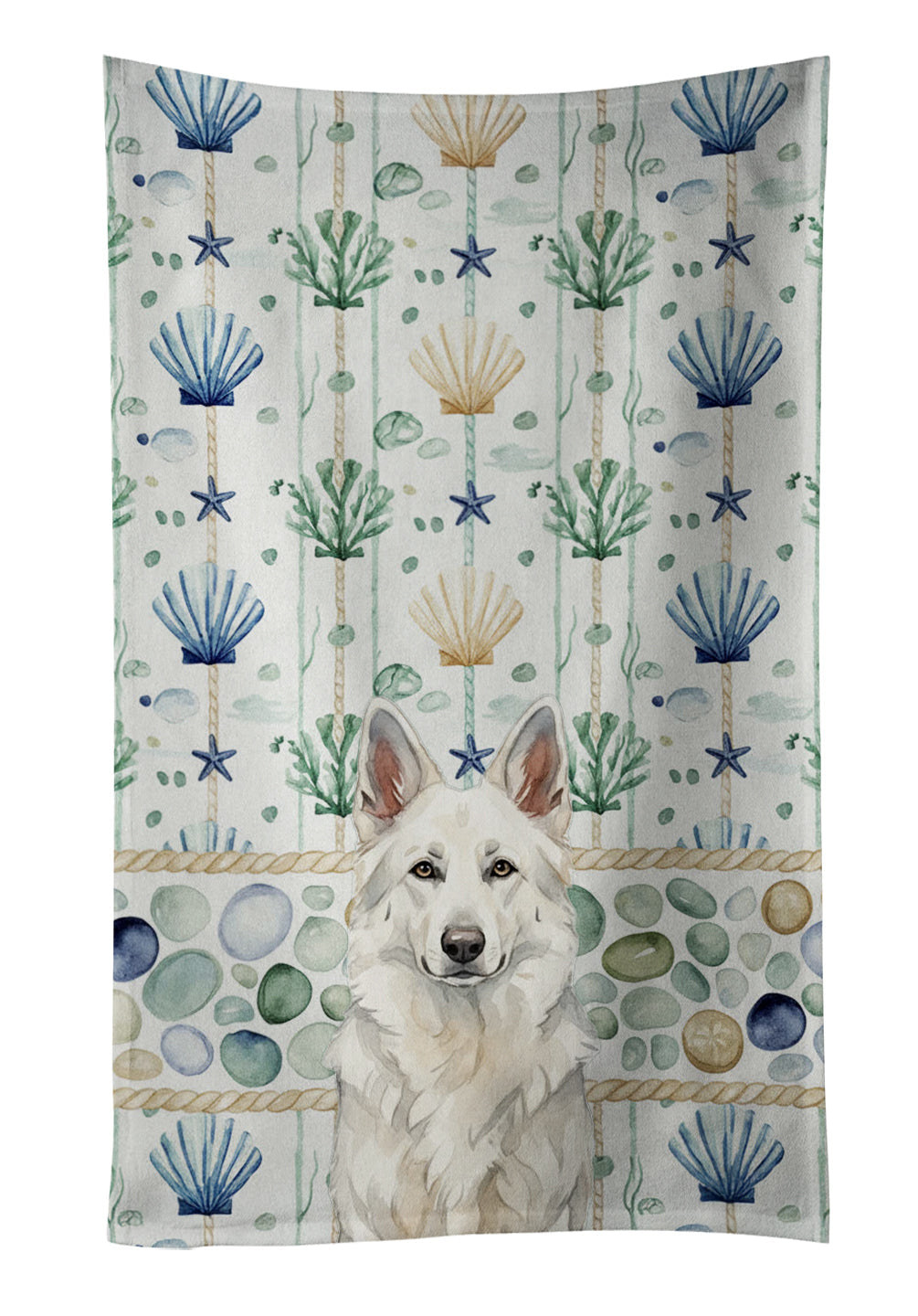 White German Shepherd Coastal Sea Glass Kitchen Towel Velour Plush Front and Cotton Loop Back Machine Washable