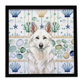 White German Shepherd Coastal Sea Glass Framed Metal Print Bathroom, Kitchen, Office, Home Decor Wall Art Ready to Hang, Square, 8X8