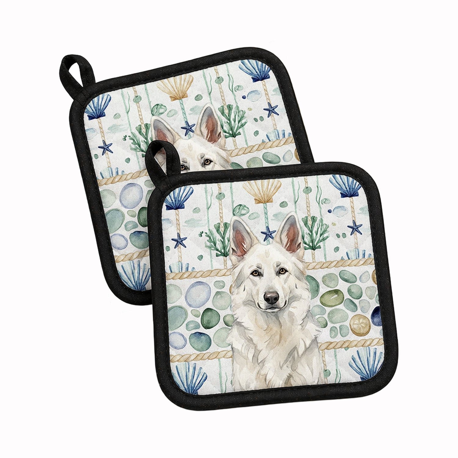 White German Shepherd Coastal Sea Glass Pot Holder Set of 2 Heat Resistant Quilted Hot Pads 7.5 x 7.5 Inch, Insulated Kitchen Trivets for Cooking & Baking