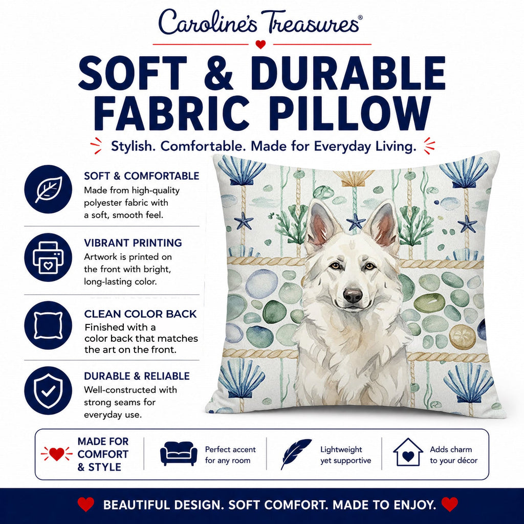White German Shepherd Coastal Sea Glass Decorative Throw Pillow 14x14 Indoor Outdoor Accent Cushion, Fabric Cover with Insert for Sofa, Bed, Porch & Living Room