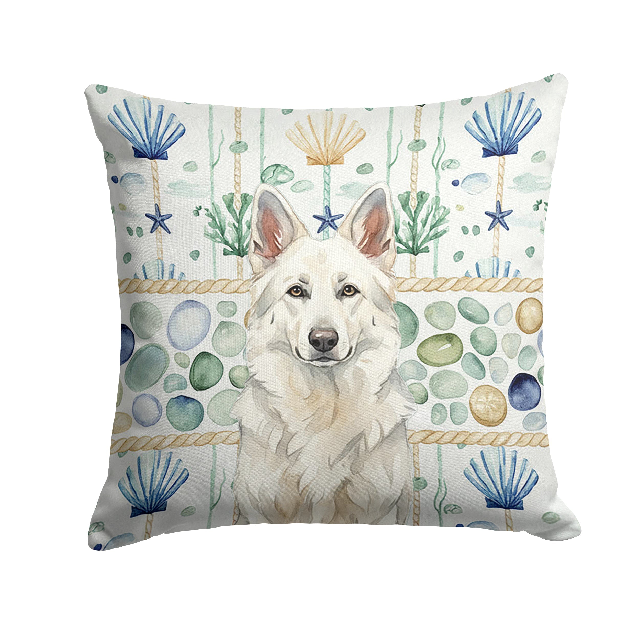White German Shepherd Coastal Sea Glass Decorative Throw Pillow 14x14 Indoor Outdoor Accent Cushion, Fabric Cover with Insert for Sofa, Bed, Porch & Living Room