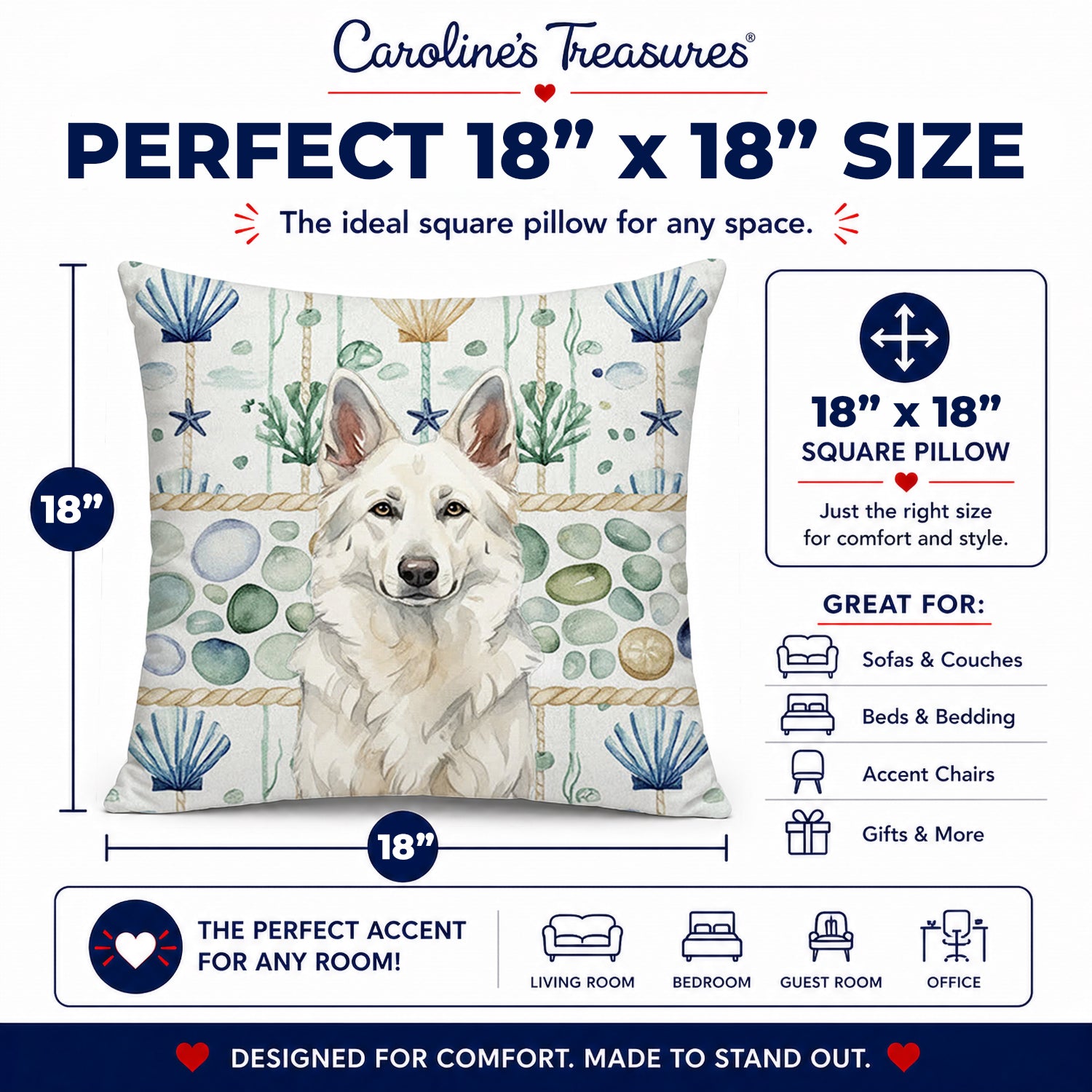 White German Shepherd Coastal Sea Glass Decorative Throw Pillow 18x18 Indoor Outdoor Accent Cushion, Fabric Cover with Insert for Sofa, Bed, Porch & Living Room