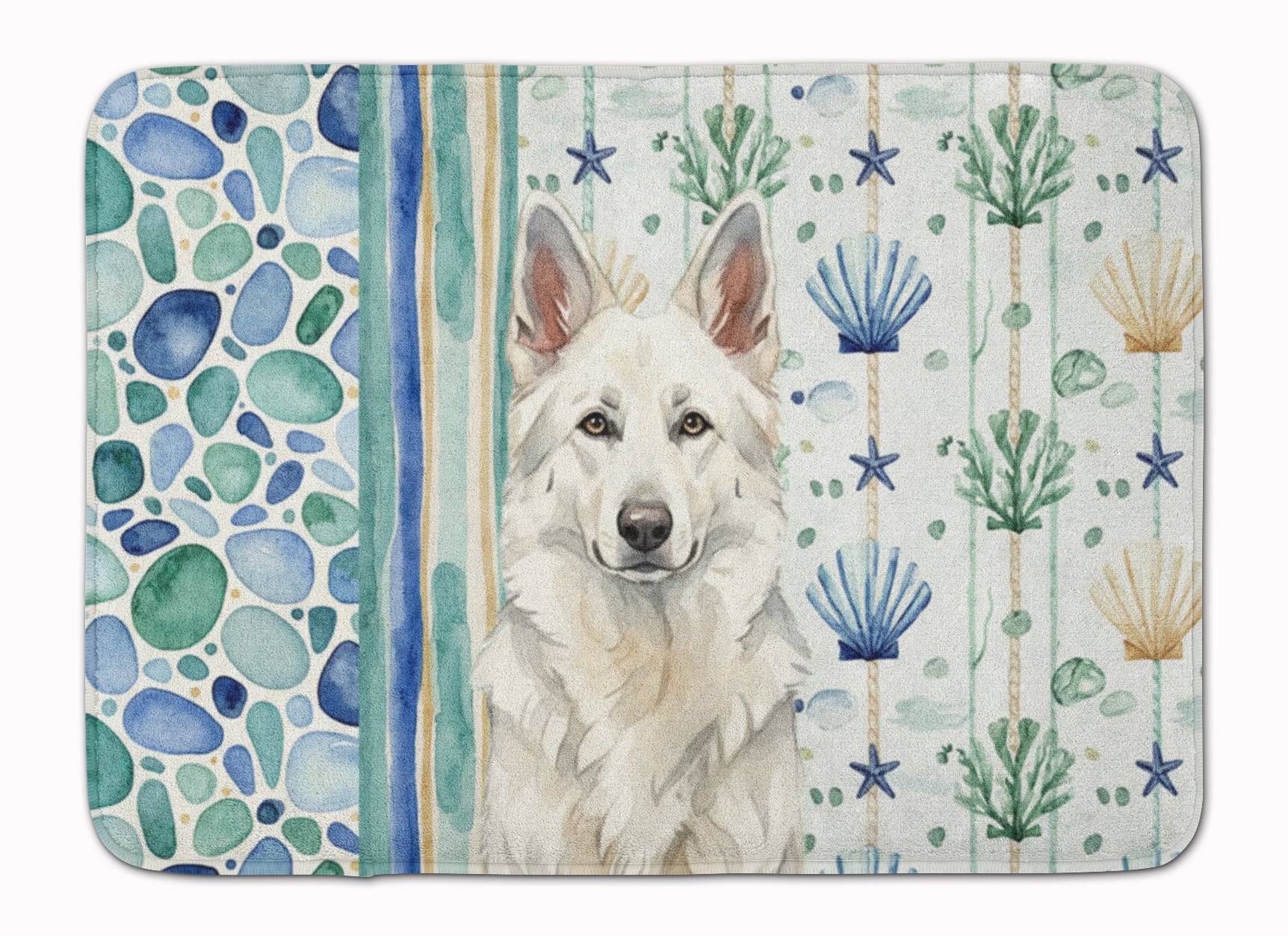 White German Shepherd Coastal Sea Glass Memory Foam Kitchen Mat Machine Washable Anti-Fatigue Cushion Comfort Bath or Kitchen Rug