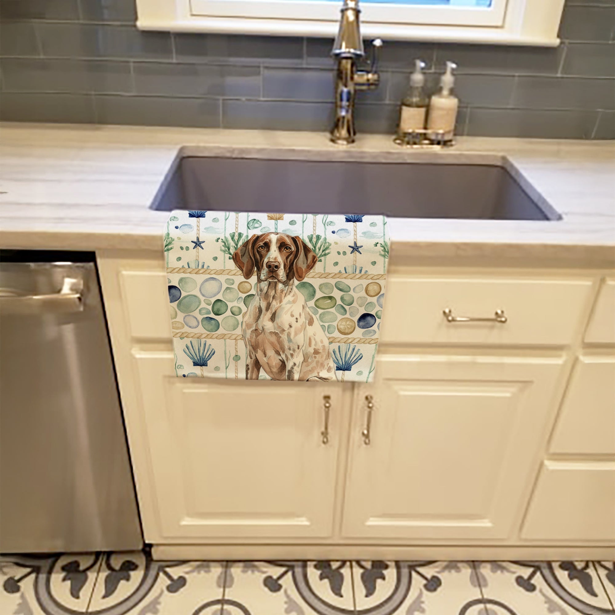 German Shorthaired Pointer Coastal Sea Glass Kitchen Towel Velour Plush Front and Cotton Loop Back Machine Washable