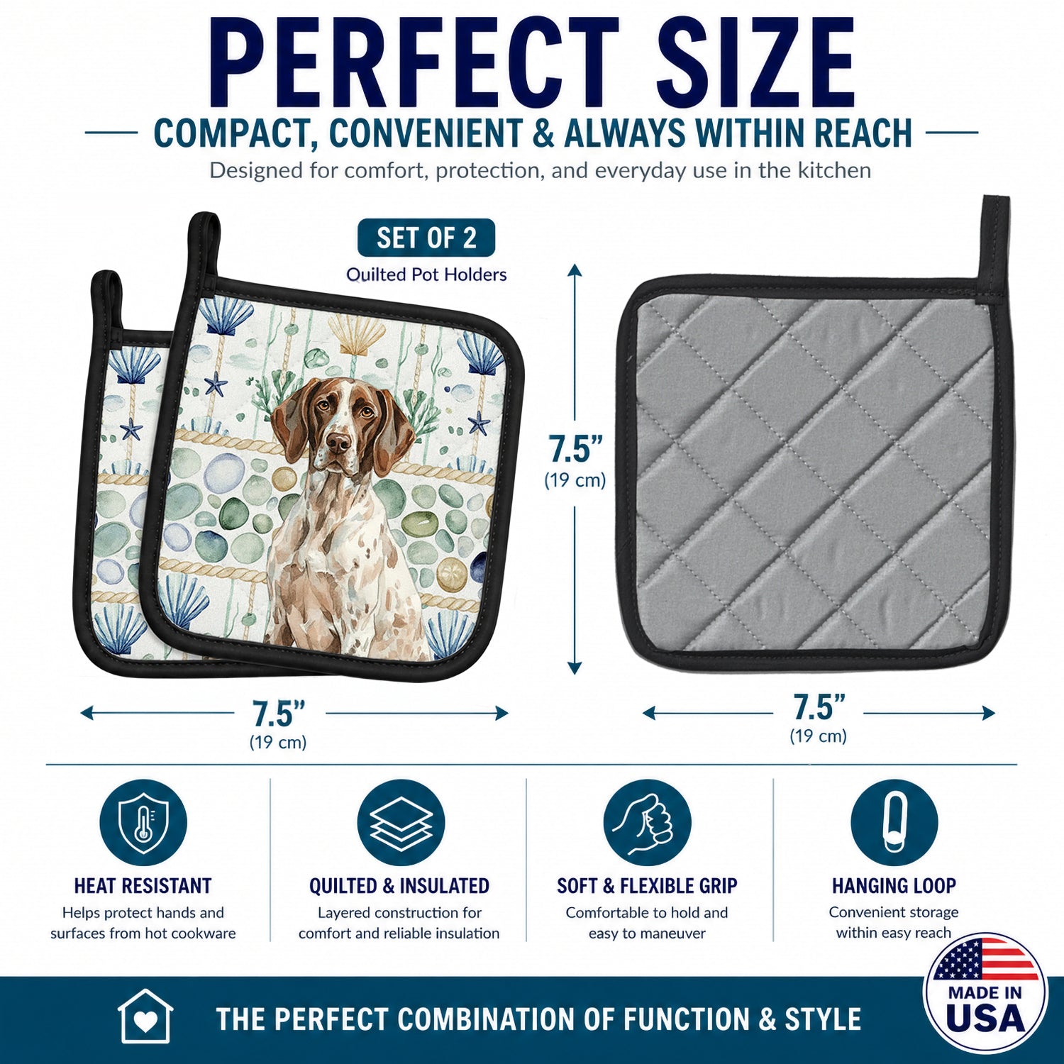 German Shorthaired Pointer Coastal Sea Glass Pot Holder Set of 2 Heat Resistant Quilted Hot Pads 7.5 x 7.5 Inch, Insulated Kitchen Trivets for Cooking & Baking
