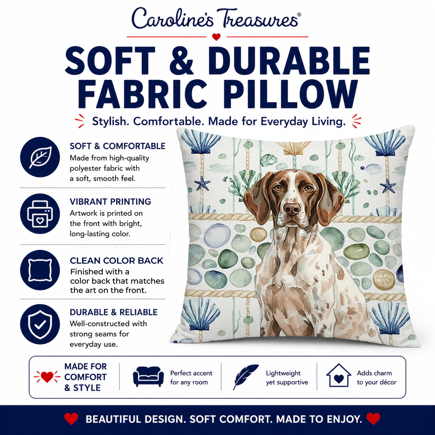 German Shorthaired Pointer Coastal Sea Glass Decorative Throw Pillow 14x14 Indoor Outdoor Accent Cushion, Fabric Cover with Insert for Sofa, Bed, Porch & Living Room