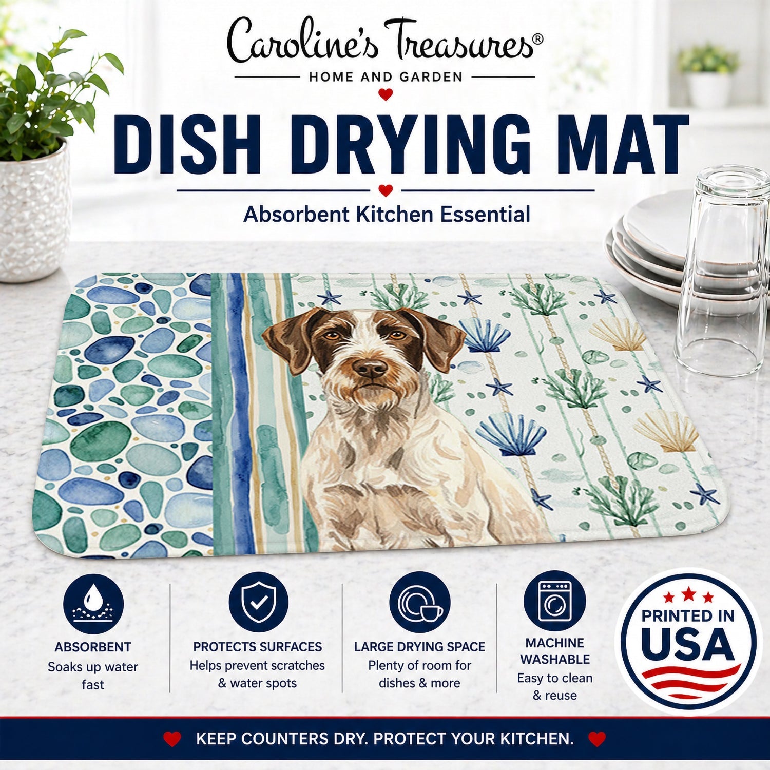 Liver and White German Wirehaired Pointer Coastal Sea Glass Dish Drying Mat Absorbent Dish Drying Mat Pad for Kitchen Counter Dish Drainer Mat for Countertop, 14 x 21", Multicolor