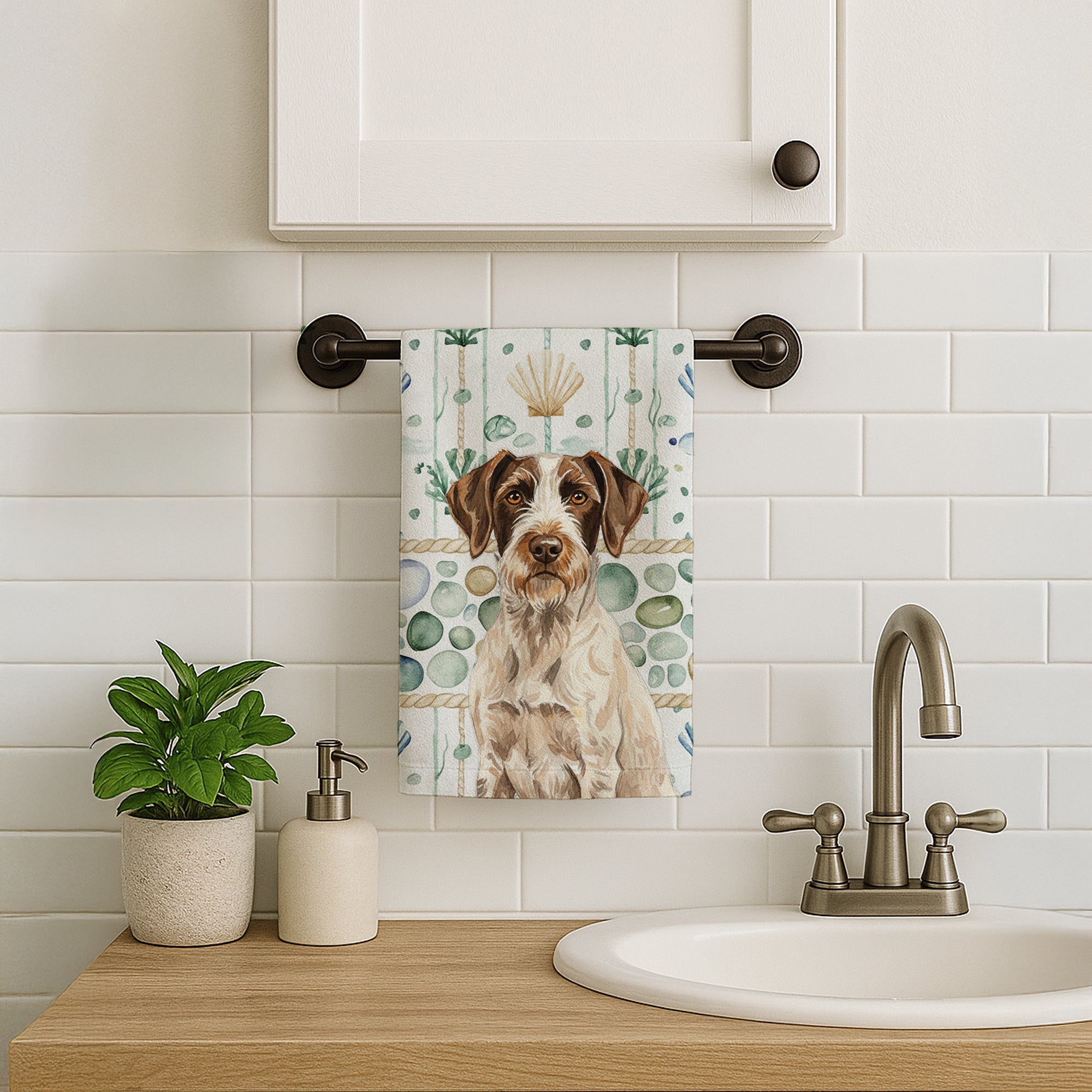 Liver and White German Wirehaired Pointer Coastal Sea Glass Kitchen Towel Velour Plush Front and Cotton Loop Back Machine Washable