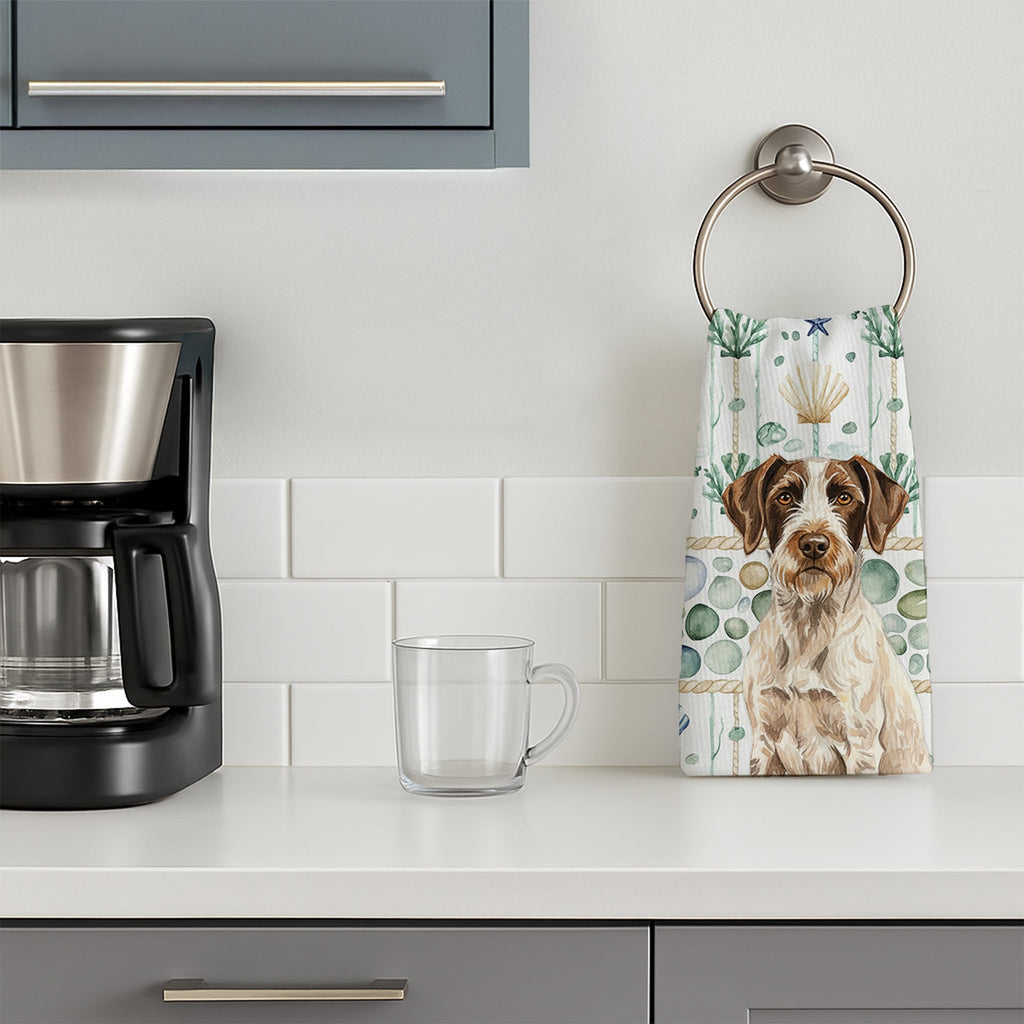 Liver and White German Wirehaired Pointer Coastal Sea Glass Kitchen Towel Velour Plush Front and Cotton Loop Back Machine Washable