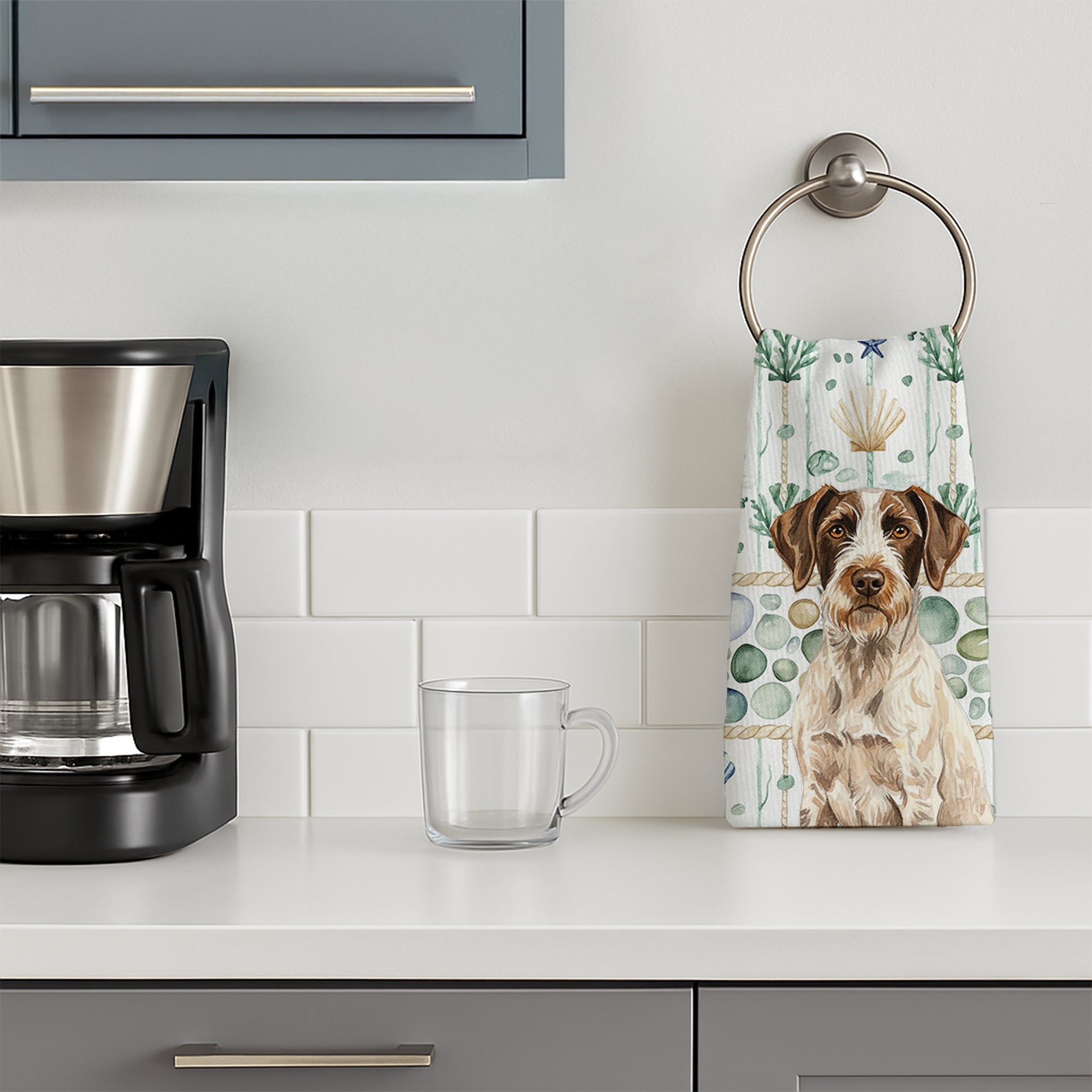 Liver and White German Wirehaired Pointer Coastal Sea Glass Kitchen Towel Velour Plush Front and Cotton Loop Back Machine Washable