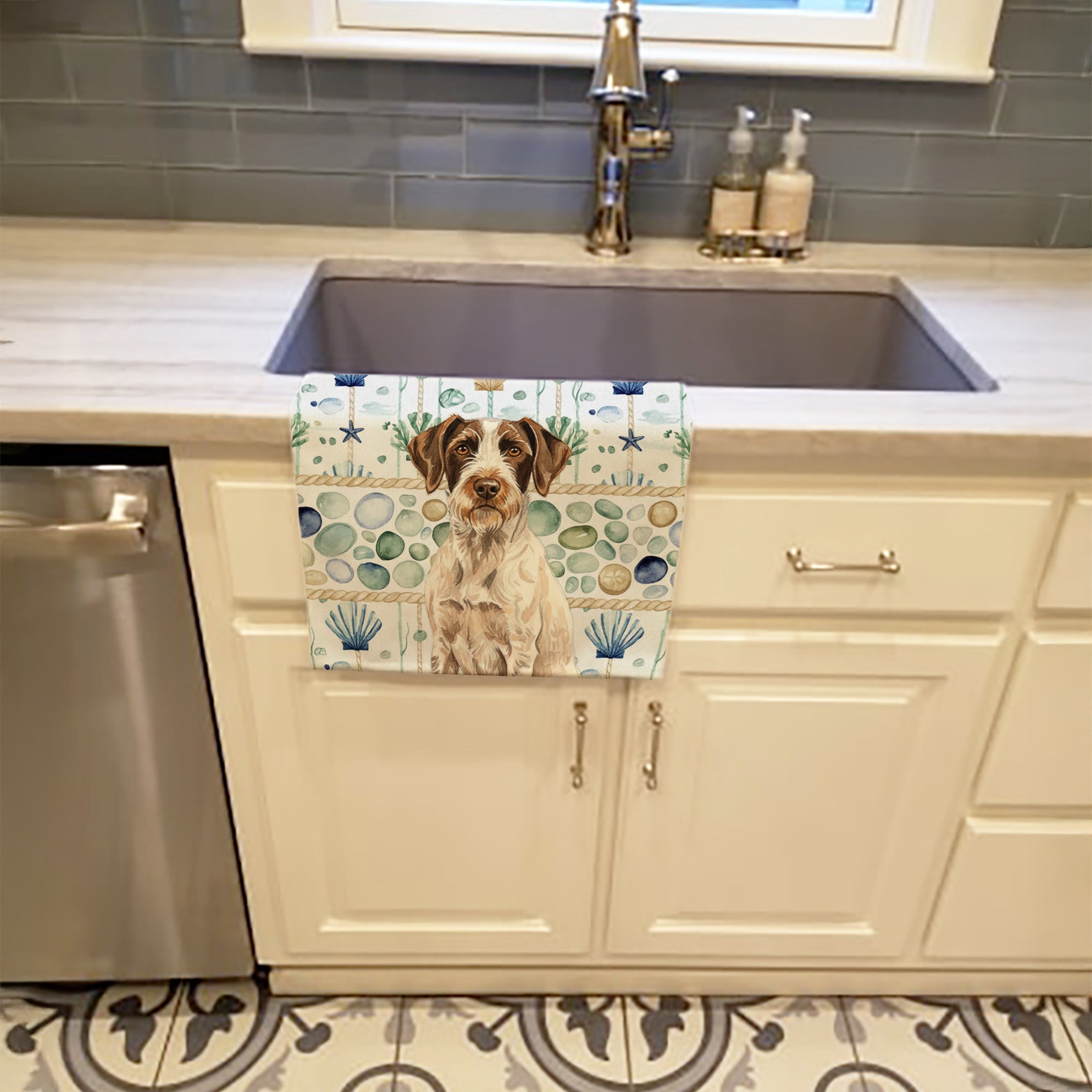 Liver and White German Wirehaired Pointer Coastal Sea Glass Kitchen Towel Velour Plush Front and Cotton Loop Back Machine Washable