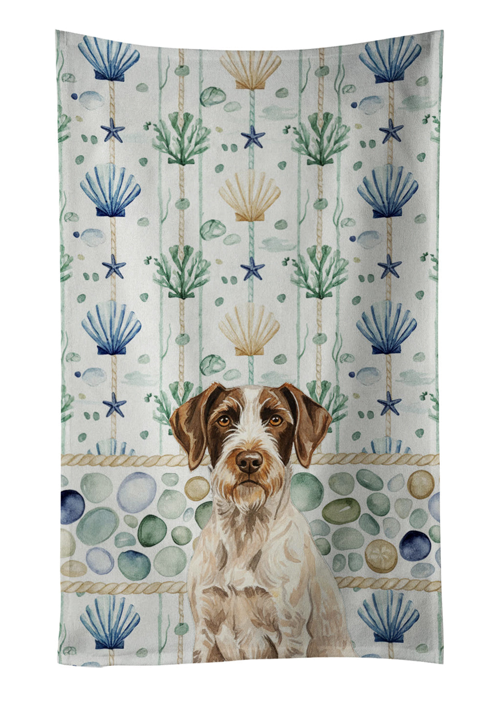 Liver and White German Wirehaired Pointer Coastal Sea Glass Kitchen Towel Velour Plush Front and Cotton Loop Back Machine Washable