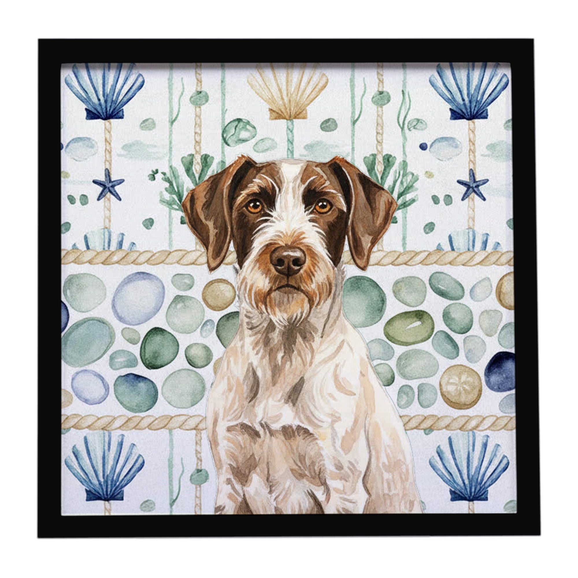 Liver and White German Wirehaired Pointer Coastal Sea Glass Framed Metal Print Bathroom, Kitchen, Office, Home Decor Wall Art Ready to Hang, Square, 8X8