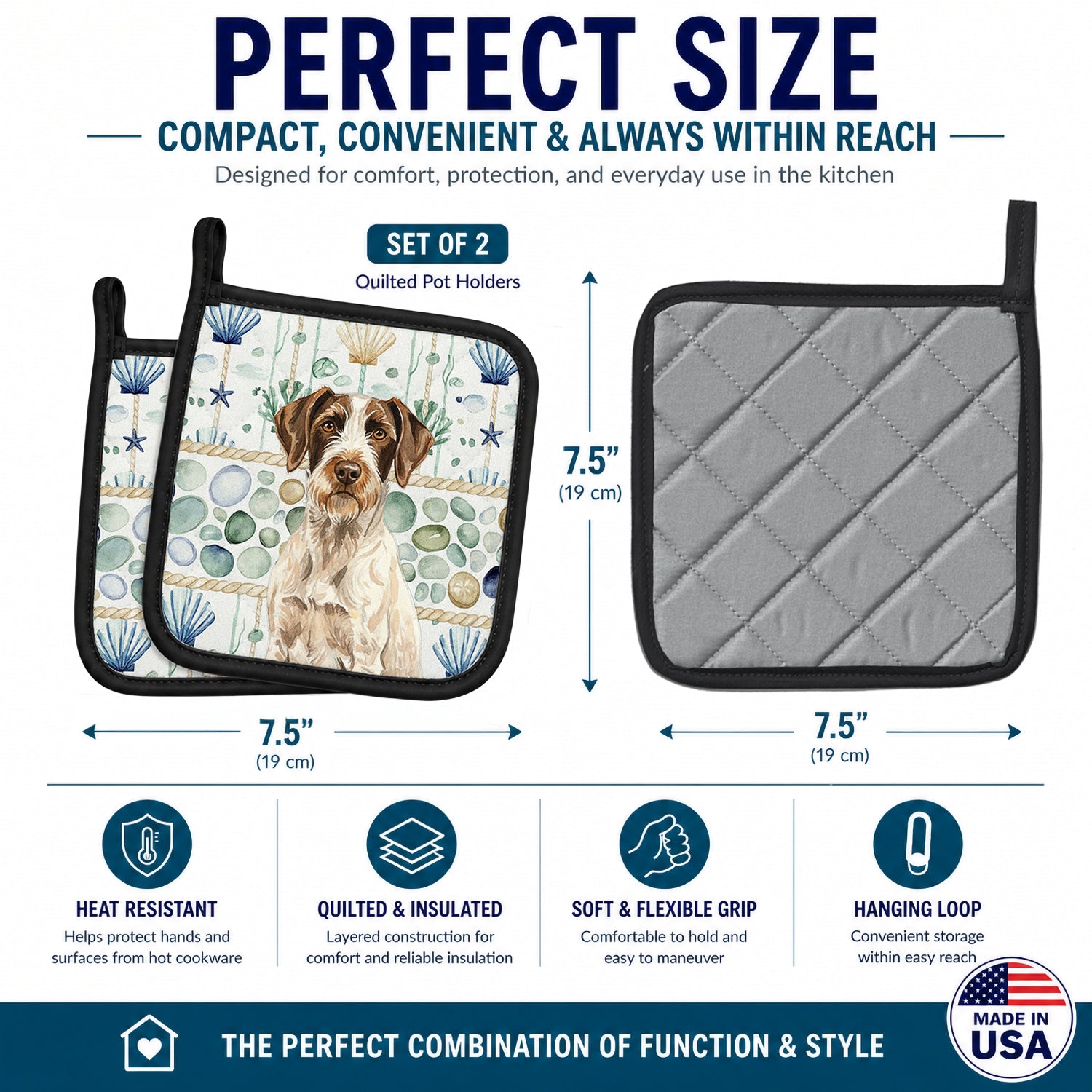 Liver and White German Wirehaired Pointer Coastal Sea Glass Pot Holder Set of 2 Heat Resistant Quilted Hot Pads 7.5 x 7.5 Inch, Insulated Kitchen Trivets for Cooking & Baking