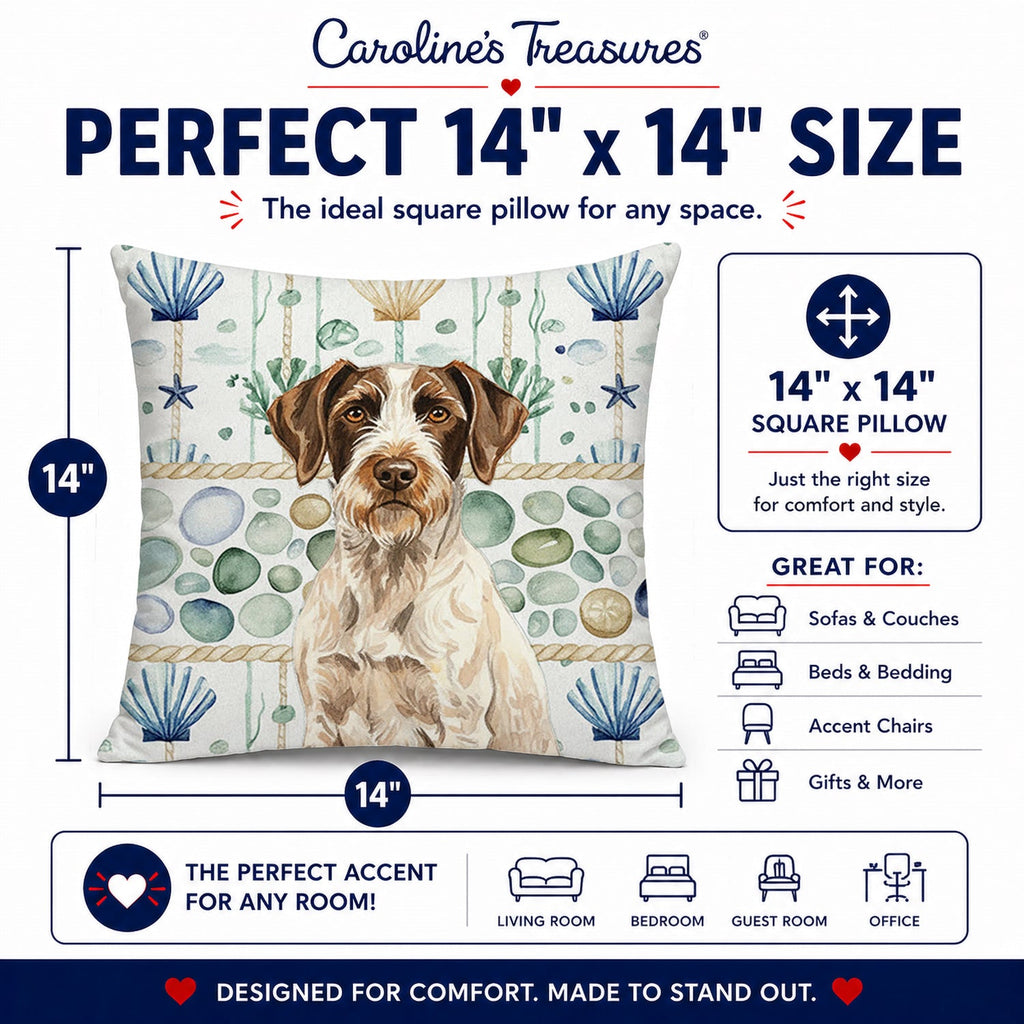 Liver and White German Wirehaired Pointer Coastal Sea Glass Decorative Throw Pillow 14x14 Indoor Outdoor Accent Cushion, Fabric Cover with Insert for Sofa, Bed, Porch & Living Room