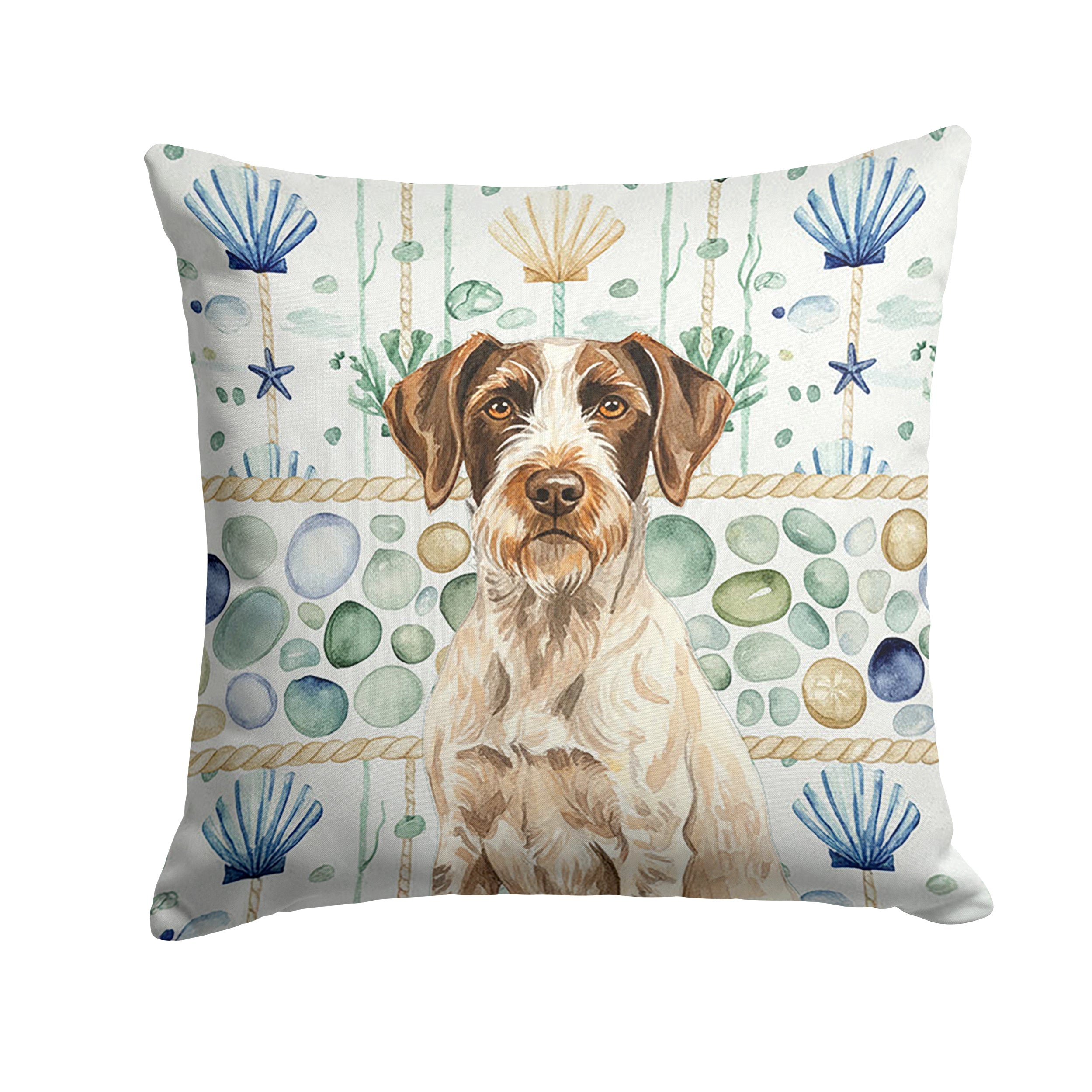 Liver and White German Wirehaired Pointer Coastal Sea Glass Decorative Throw Pillow 18x18 Indoor Outdoor Accent Cushion, Fabric Cover with Insert for Sofa, Bed, Porch & Living Room